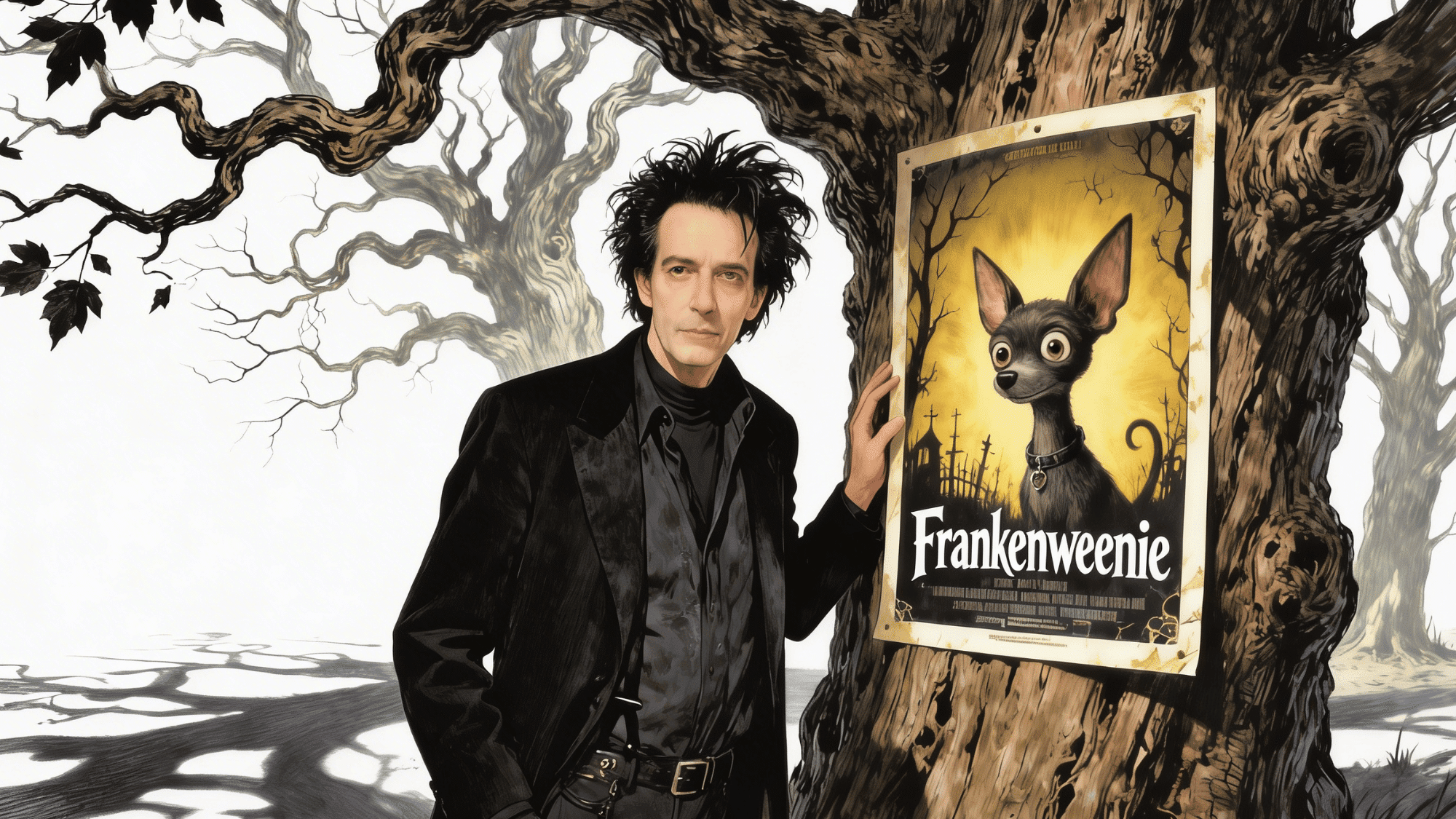 tim burton in his signature style environment, standing beside a frankenweenie poster