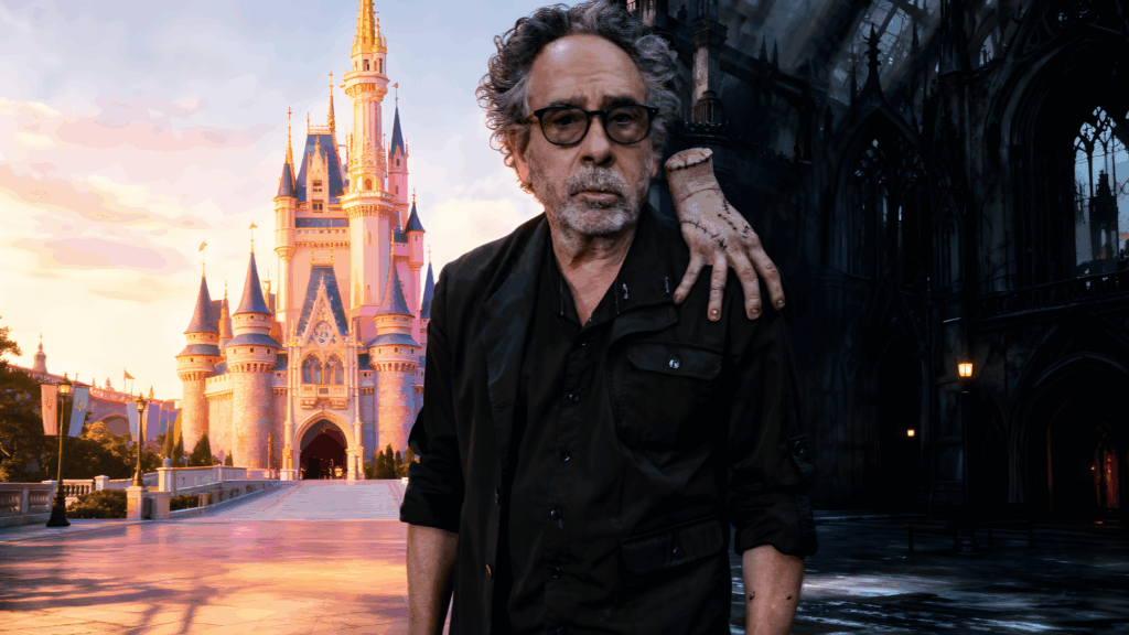 tim burton standing in front of a classic Disney-style castle, split scene showing bright colorful side and dark gothic side