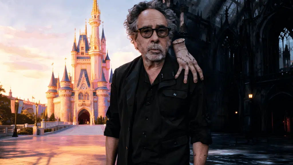 tim burton standing in front of a classic Disney-style castle, split scene showing bright colorful side and dark gothic side