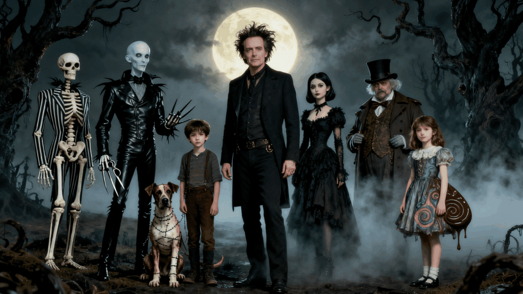 tim burton standing with his movies characters in a single frame with gothic background