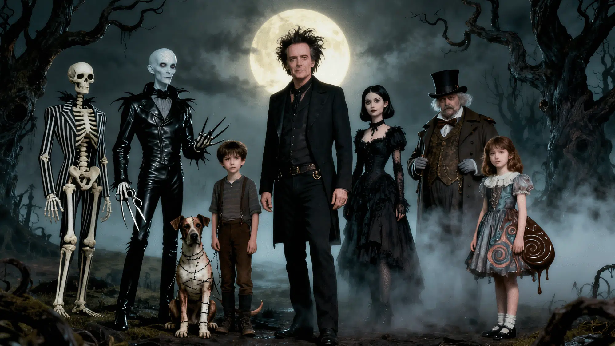 tim burton standing with his movies characters in a single frame with gothic background
