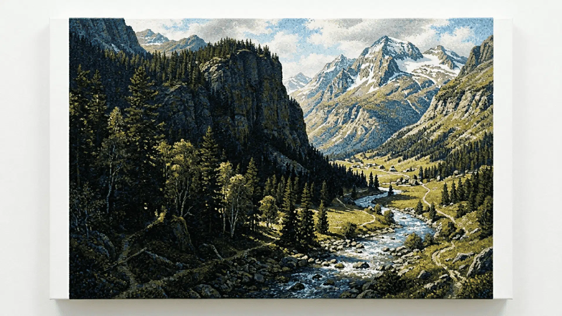 varied dot density technique in a pointillism painting showing an outdoor nature scene with tightly packed dots in dark areas and spaced dots in light sections