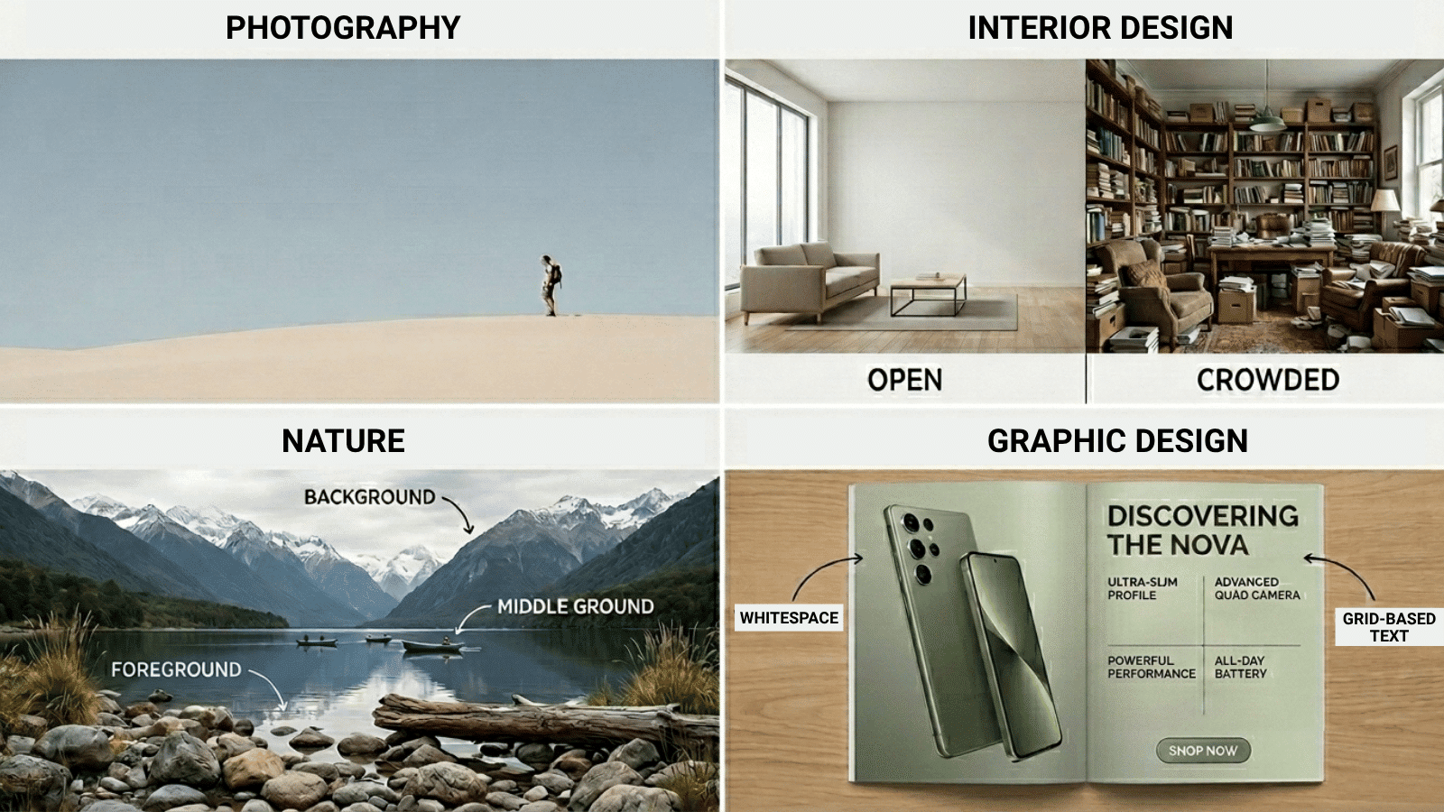visual design examples showing negative space, crowded vs open layouts, depth layers, and balanced composition principles