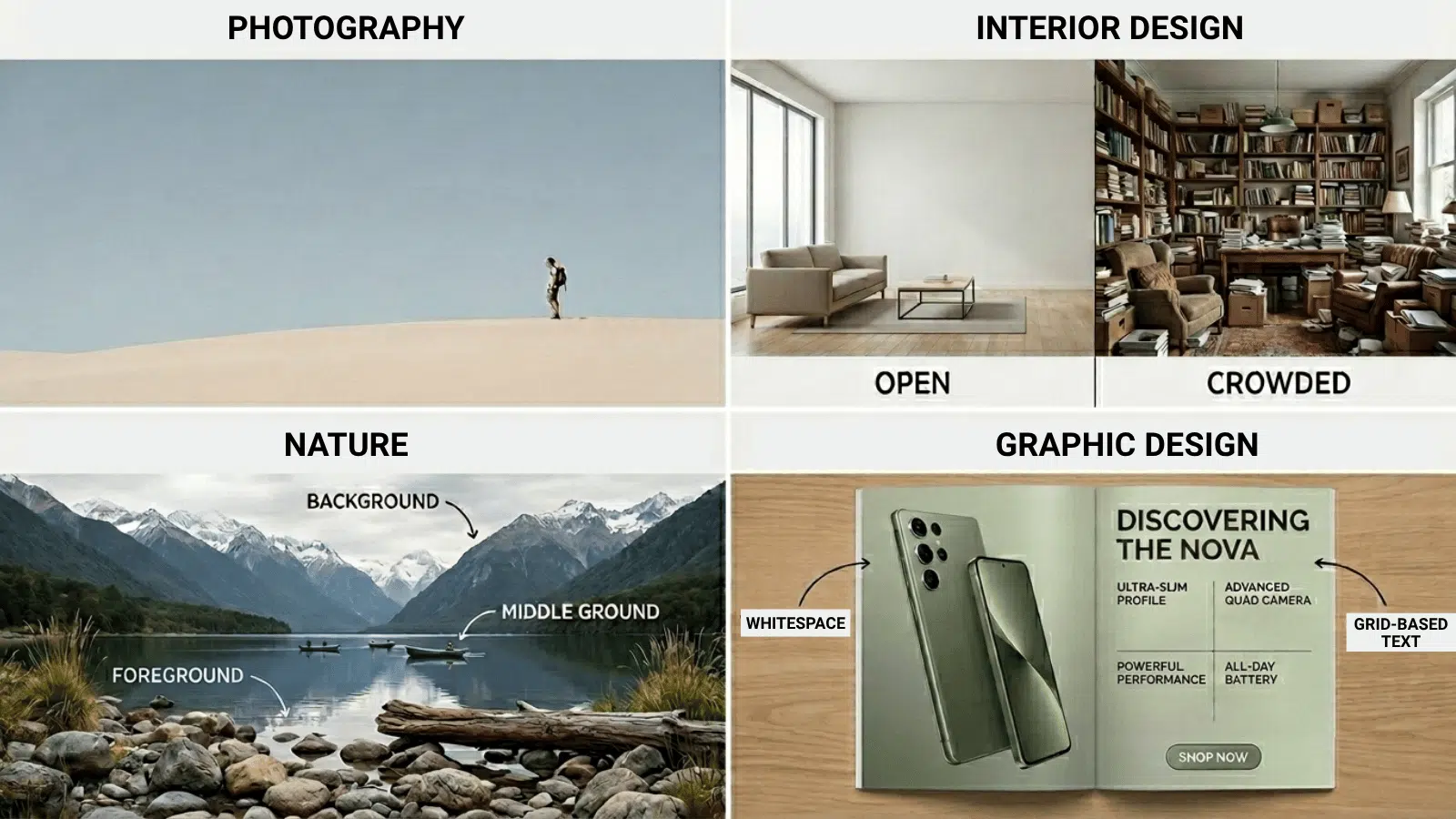 visual design examples showing negative space, crowded vs open layouts, depth layers, and balanced composition principles