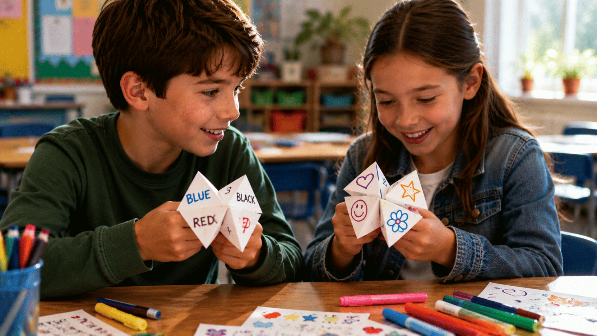 3 kids building colorful paper rocket ships with crayons and cardstock, space-themed classroom