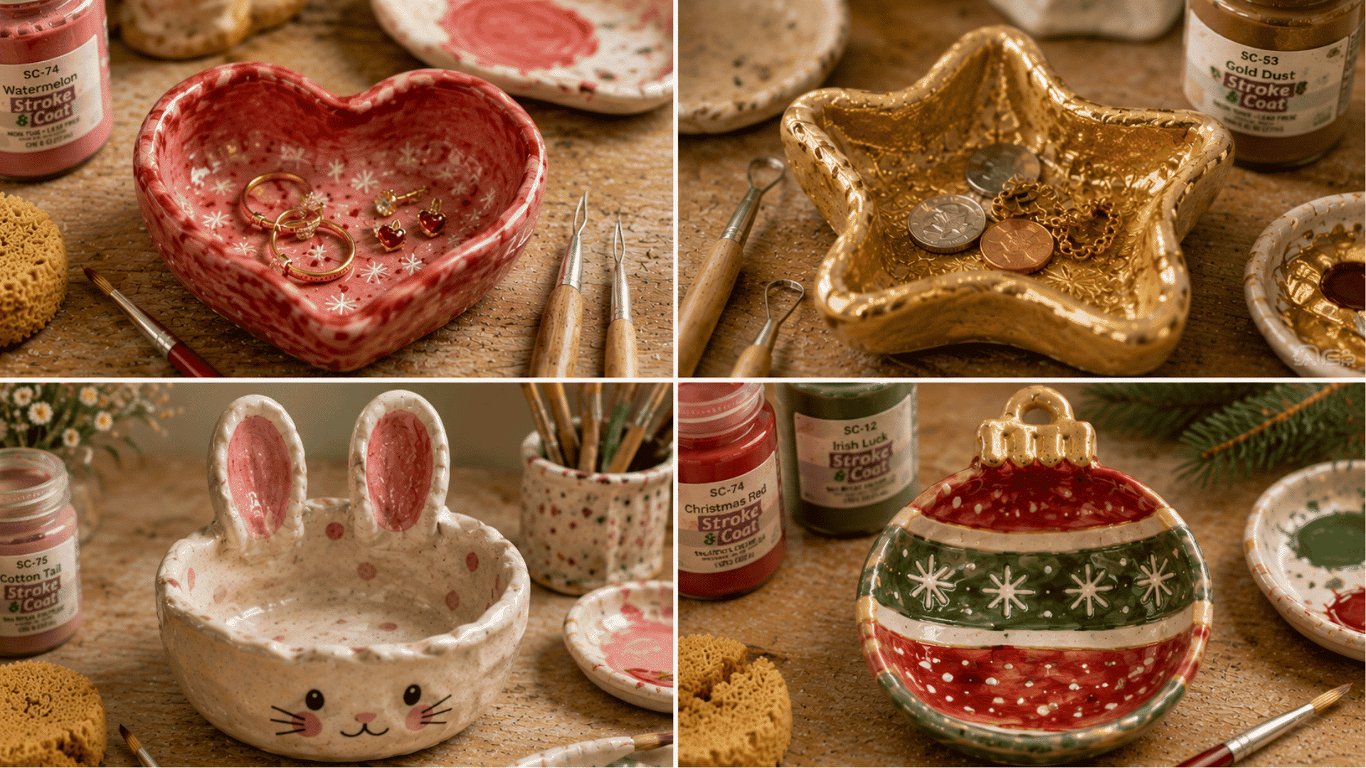 4-panel handmade ceramic pinch pot collage featuring heart, star, bunny, and Christmas ornament dishes in cozy pottery studio