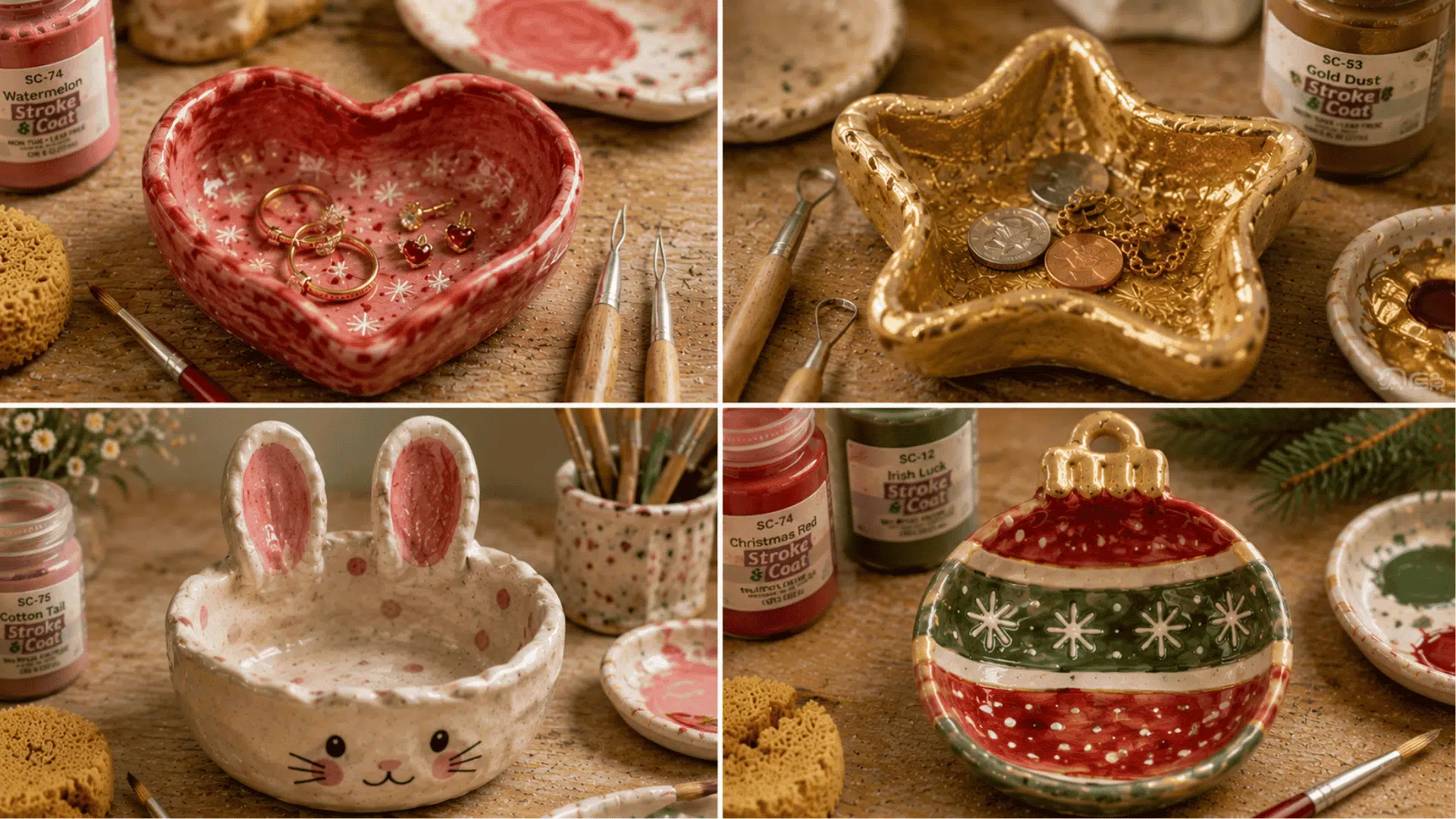 4-panel handmade ceramic pinch pot collage featuring heart, star, bunny, and Christmas ornament dishes in cozy pottery studio