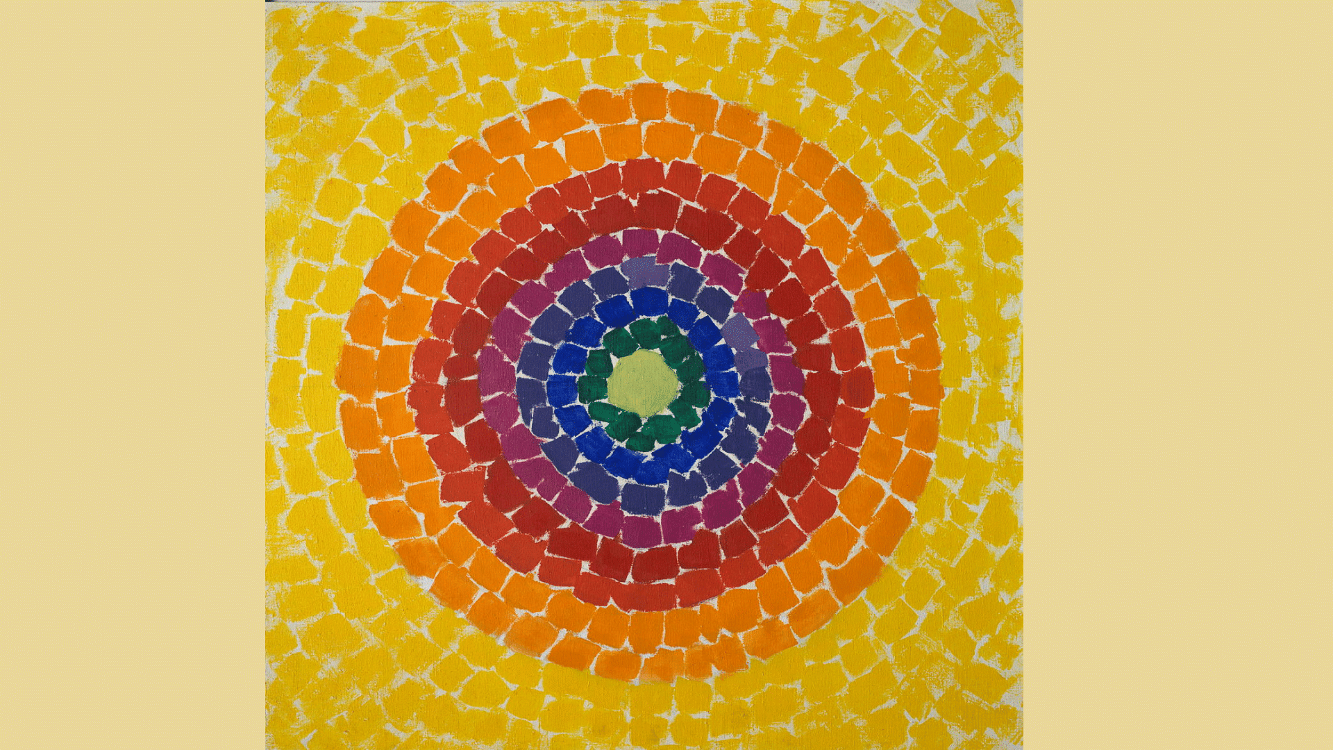 Abstract concentric circles in vivid rainbow hues radiate across a textured yellow canvas in Alma Thomas’s “Resurrection” painting.
