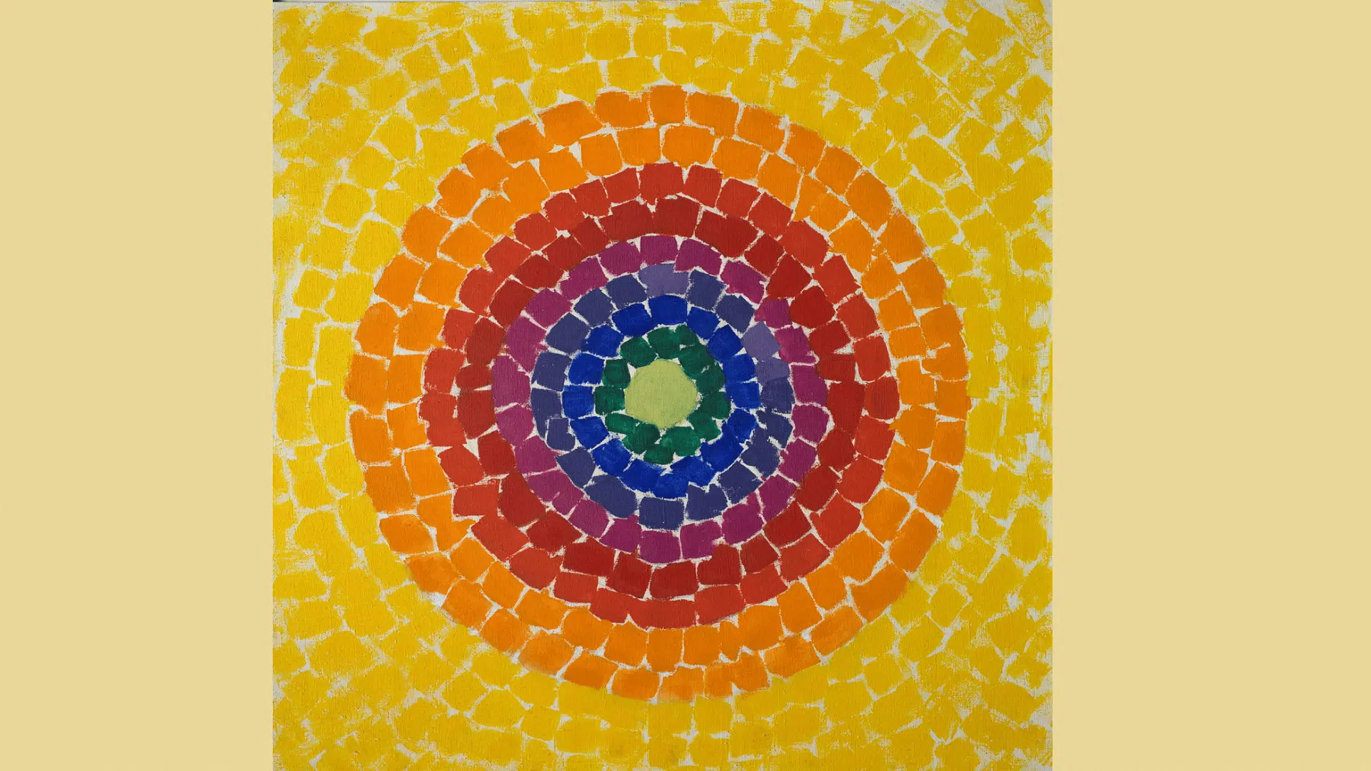 Abstract concentric circles in vivid rainbow hues radiate across a textured yellow canvas in Alma Thomas’s “Resurrection” painting.