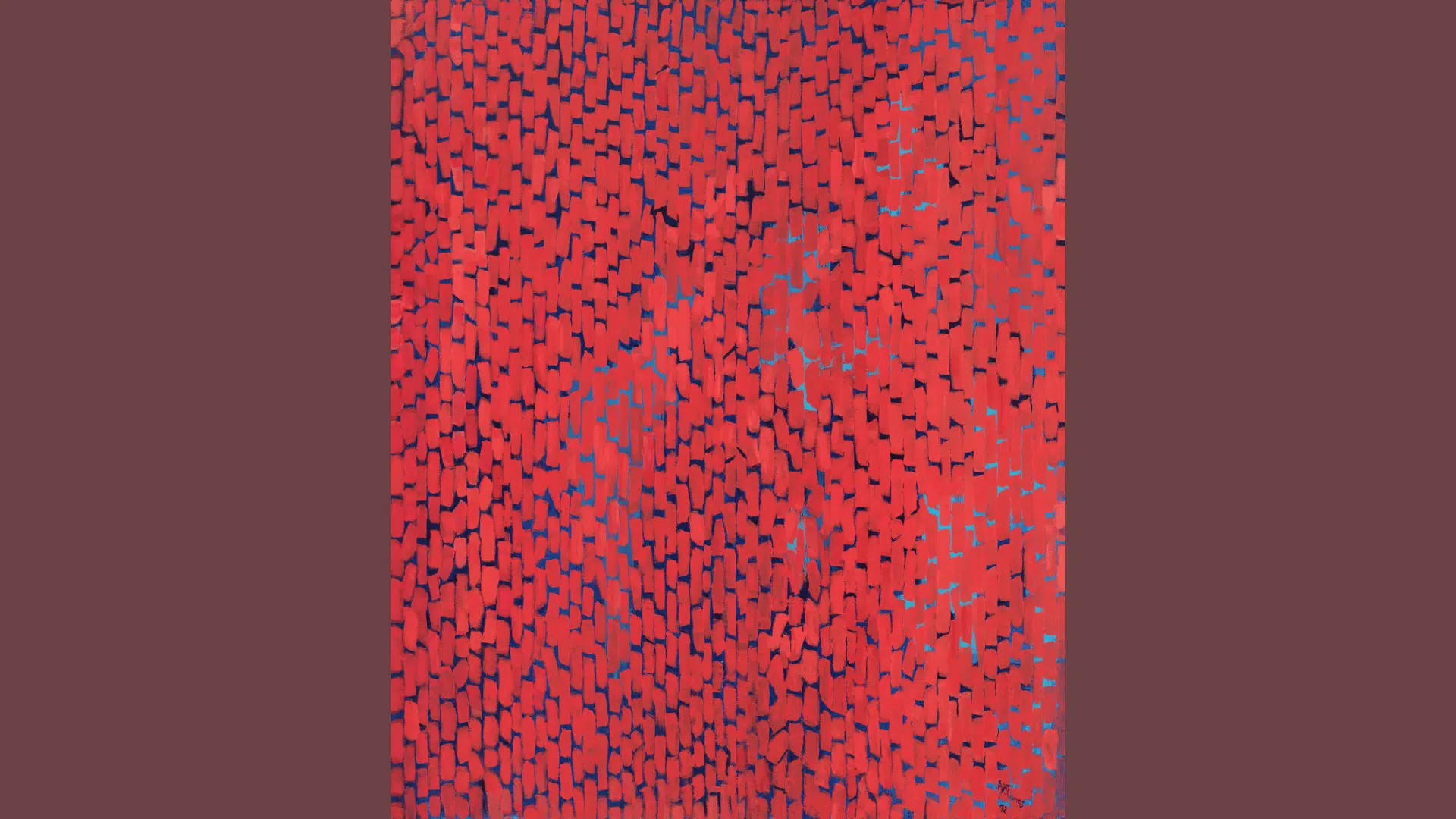 Alma Thomas’s “Mars Dust” shows dense red brushstrokes layered over blue, creating a vibrant textured abstract pattern.