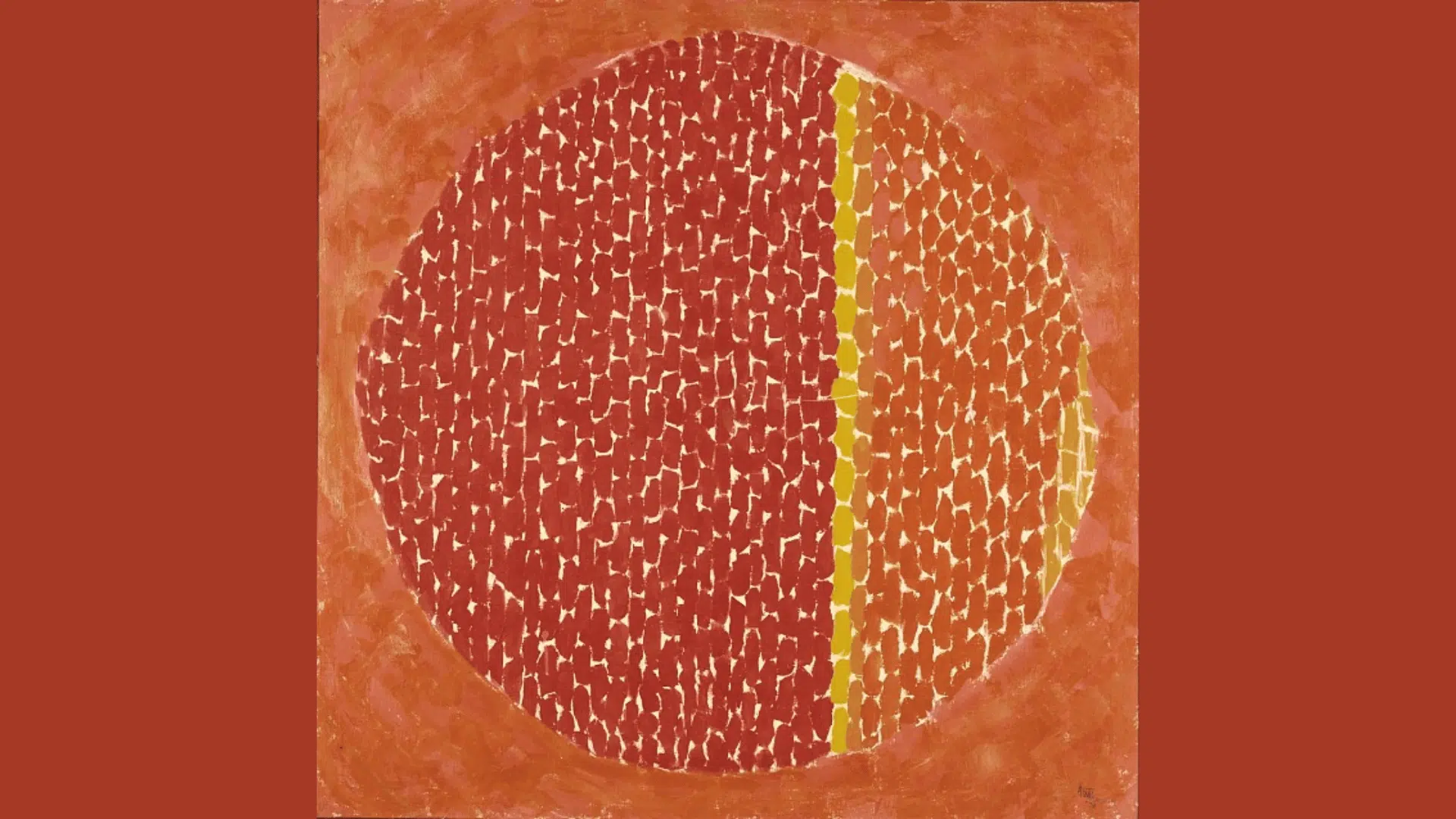 Alma Thomas’s “Snoopy Sees Earth Wrapped in Sunset” shows a glowing red-orange sphere with a bright yellow vertical band.