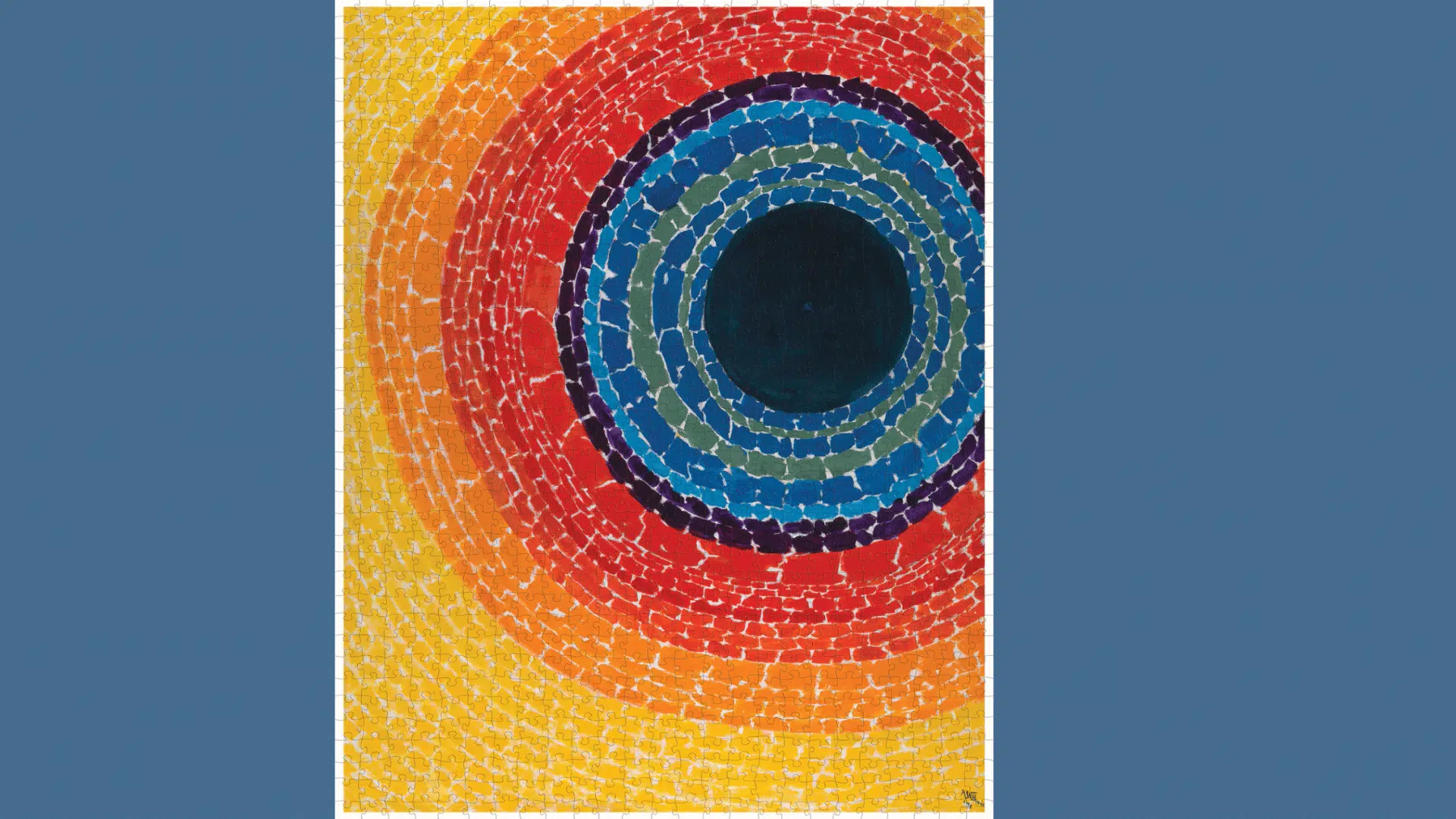 Alma Thomas’s “The Eclipse” features bold concentric rings of vivid color surrounding a dark circular center on yellow.