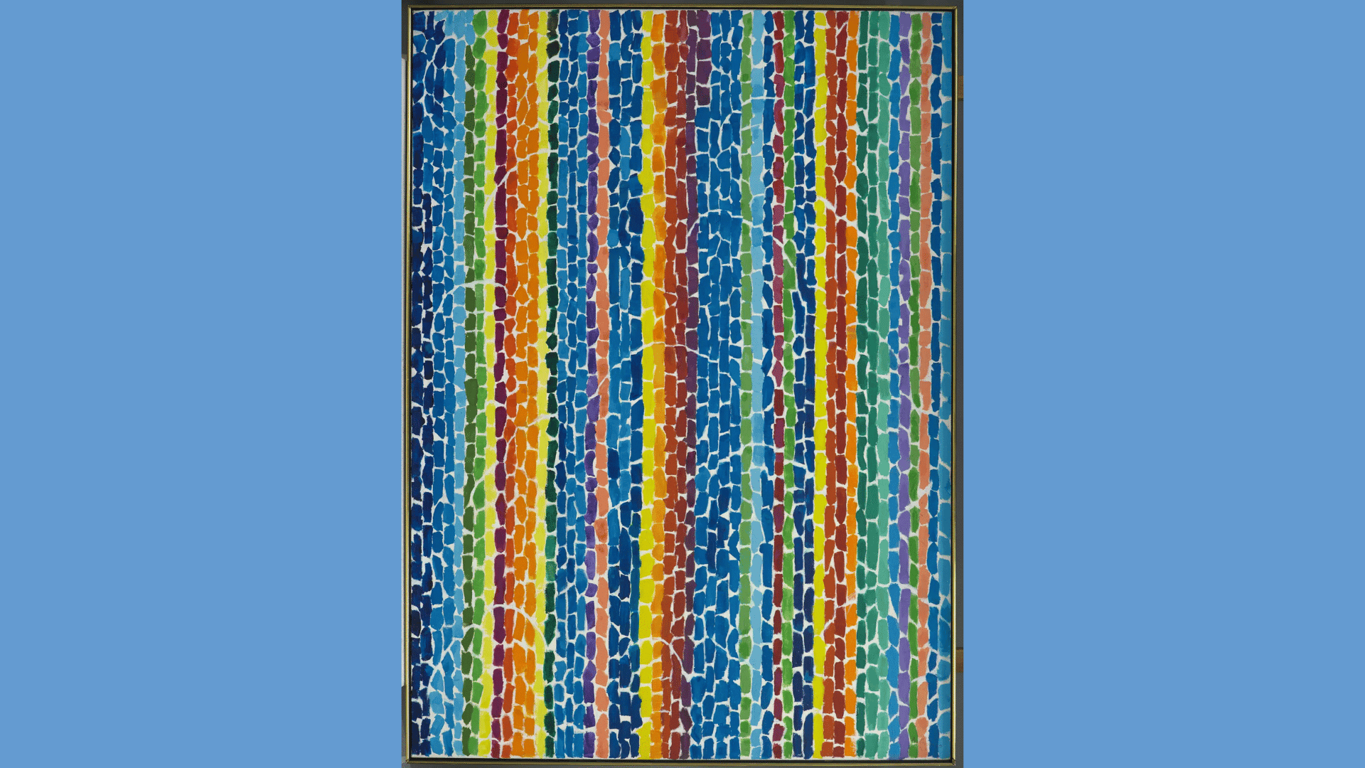 Alma Thomas’s “Wind, Sunshine, and Flowers” features vivid vertical bands of mosaic-like colors in rhythmic harmony.
