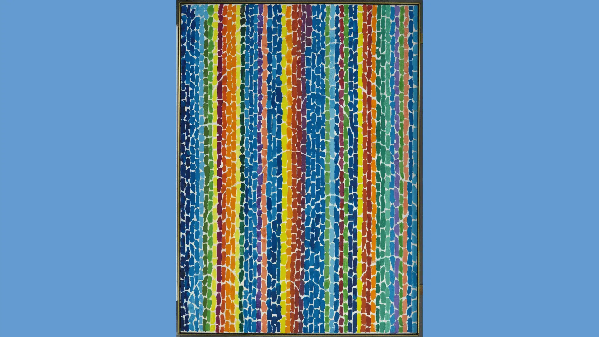 Alma Thomas’s “Wind, Sunshine, and Flowers” features vivid vertical bands of mosaic-like colors in rhythmic harmony.