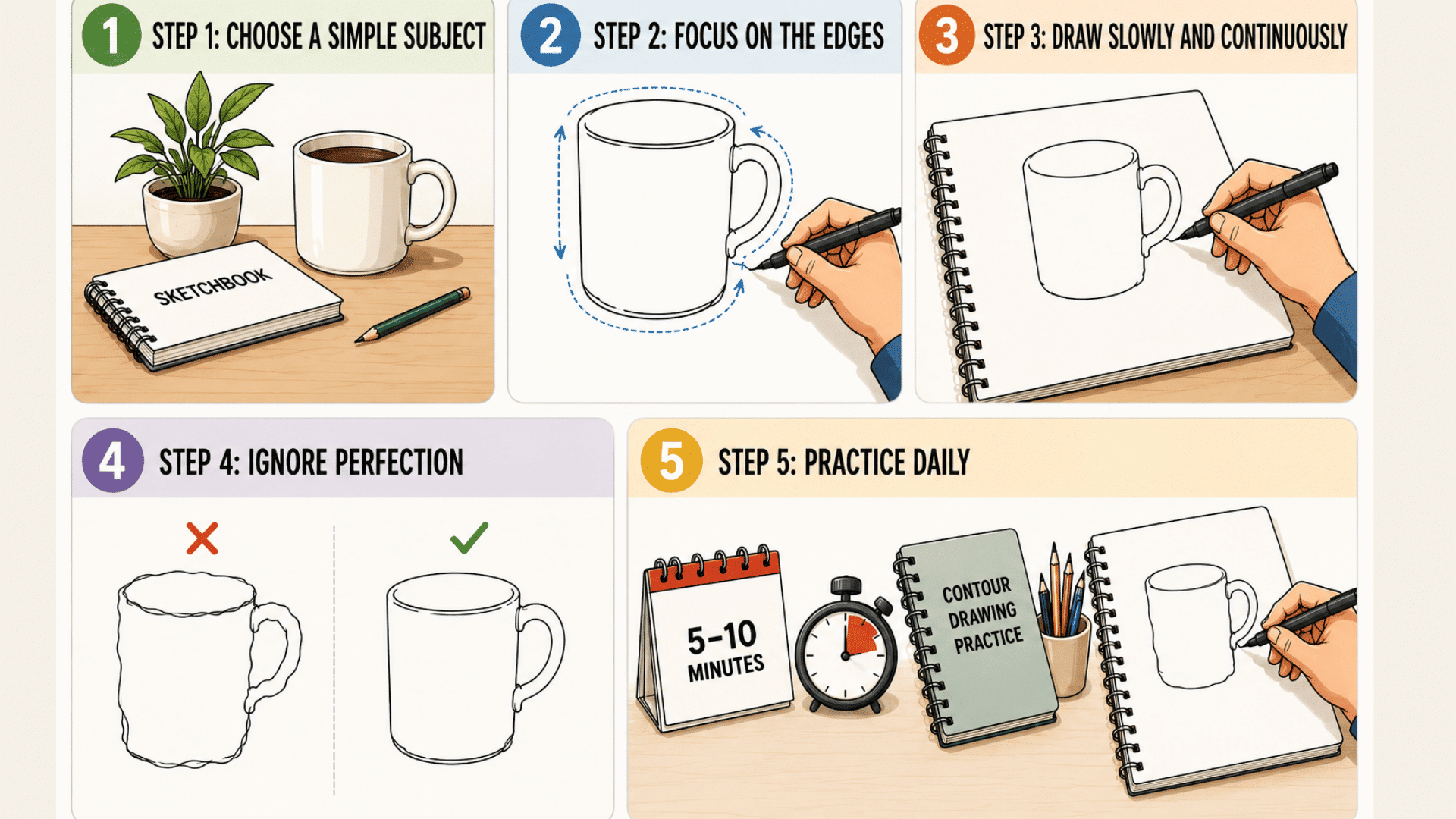 Infographic showing five contour drawing steps with mug sketches, edge focus, smooth lines, practice, and confidence tips.