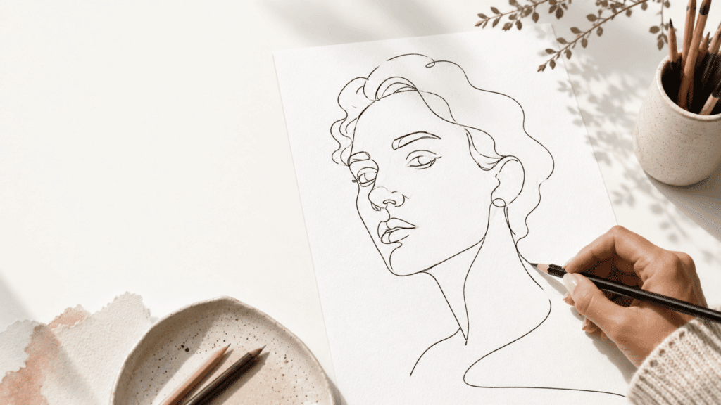 Minimalist contour drawing scene with a hand sketching a continuous line portrait on white paper in a bright art workspace.