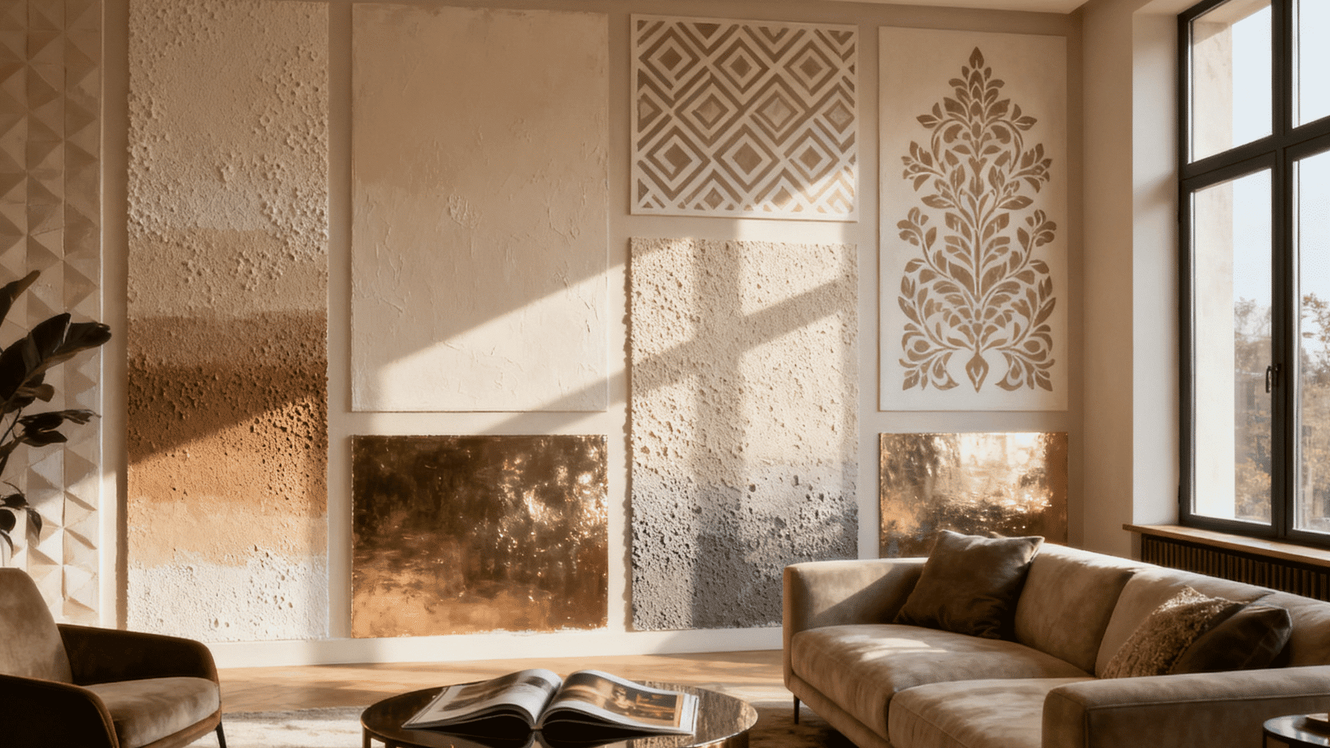 Modern living room showcasing textured wall painting techniques, geometric patterns, stencil art, and metallic finishes in warm tones.