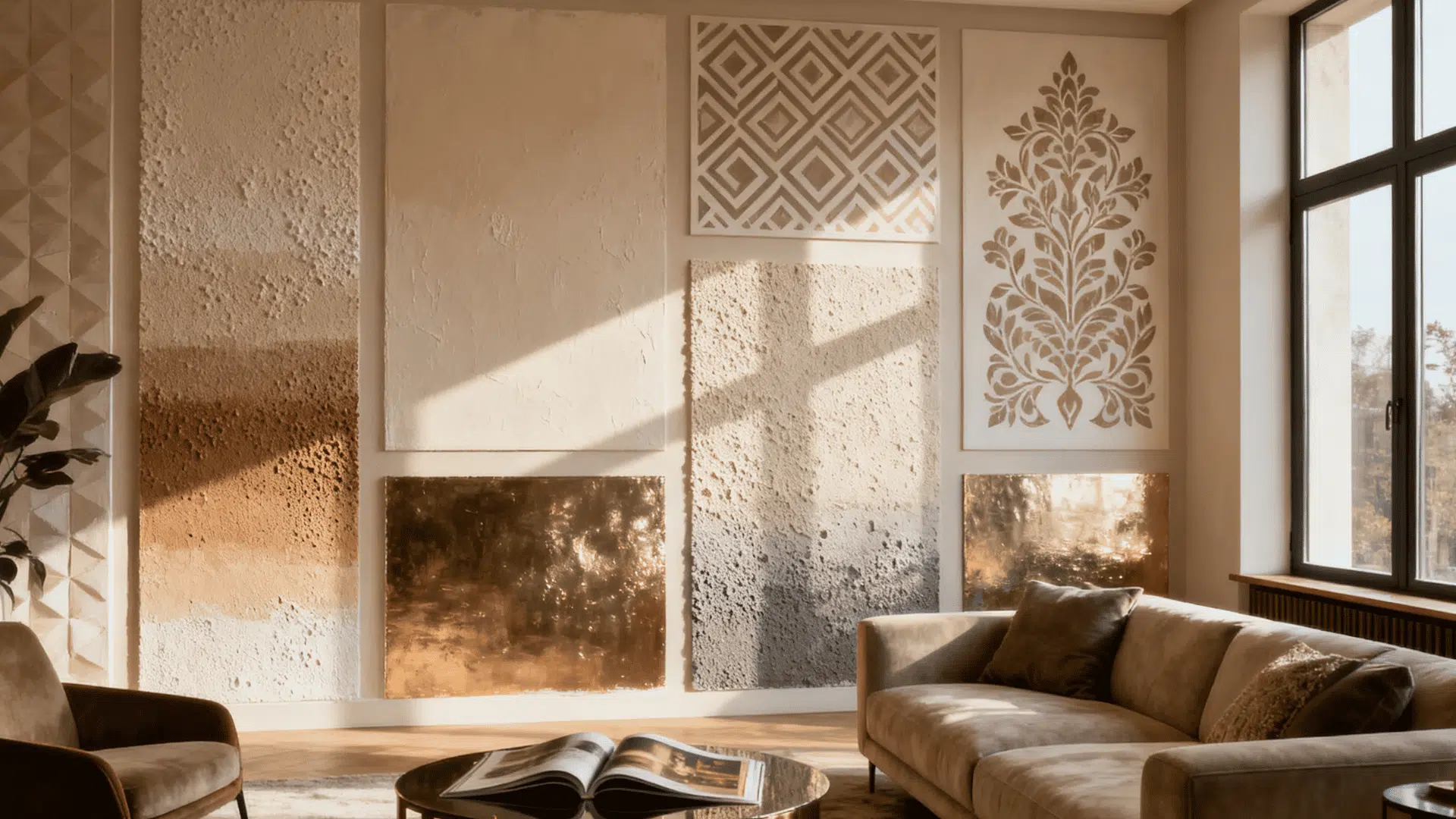 Modern living room showcasing textured wall painting techniques, geometric patterns, stencil art, and metallic finishes in warm tones.