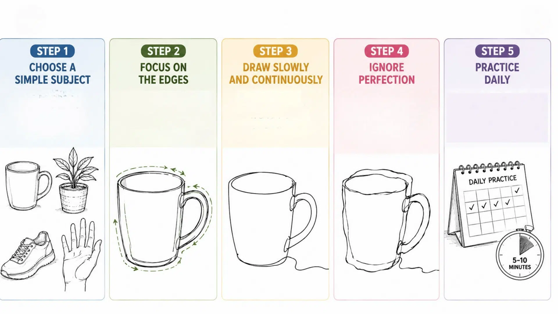 Step-by-step contour drawing infographic with five panels choose subject, focus on edges, draw slowly, ignore perfection, practice daily.