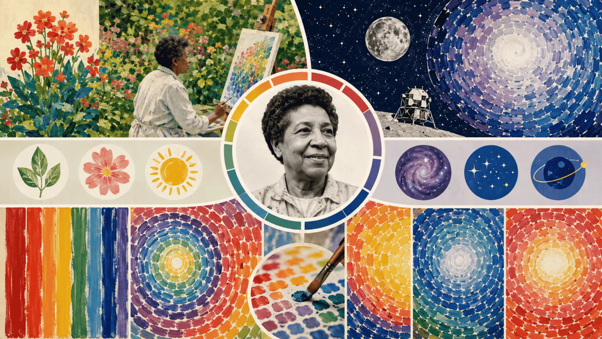 Vibrant collage-style infographic celebrating Alma Thomas with abstract mosaics, nature, space themes, and colorful circular patterns.