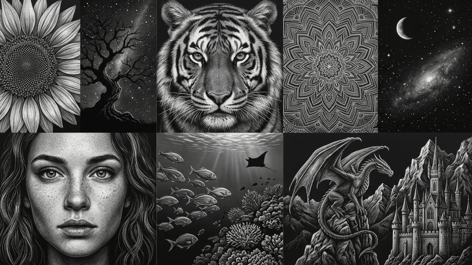A collage featuring detailed illustrations of a sunflower, a gnarled tree under stars, a tiger face, an intricate mandala, a night sky with moon and galaxy, a woman's portrait, a school of fish on