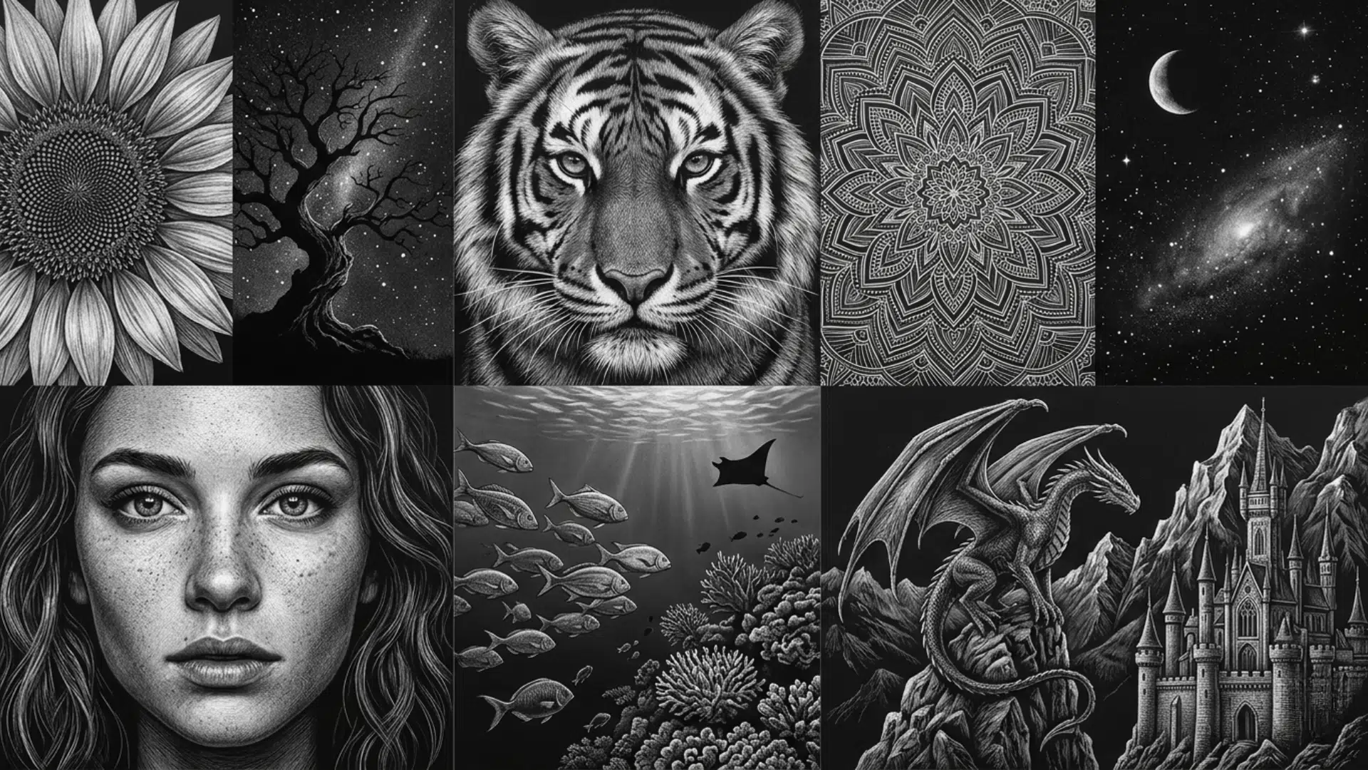 A collage featuring detailed illustrations of a sunflower, a gnarled tree under stars, a tiger face, an intricate mandala, a night sky with moon and galaxy, a woman's portrait, a school of fish on