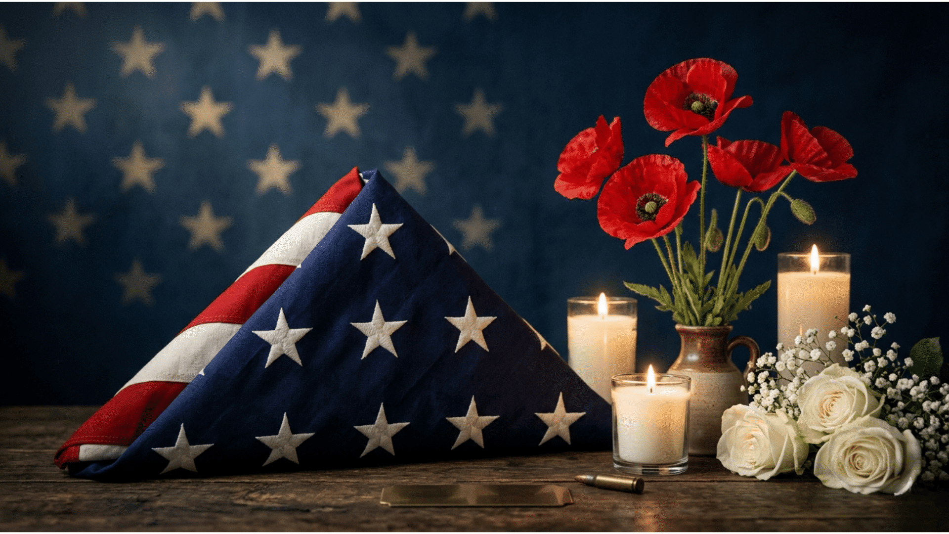A folded American flag beside red poppies, white roses, and glowing candles against a starry blue backdrop of remembrance.