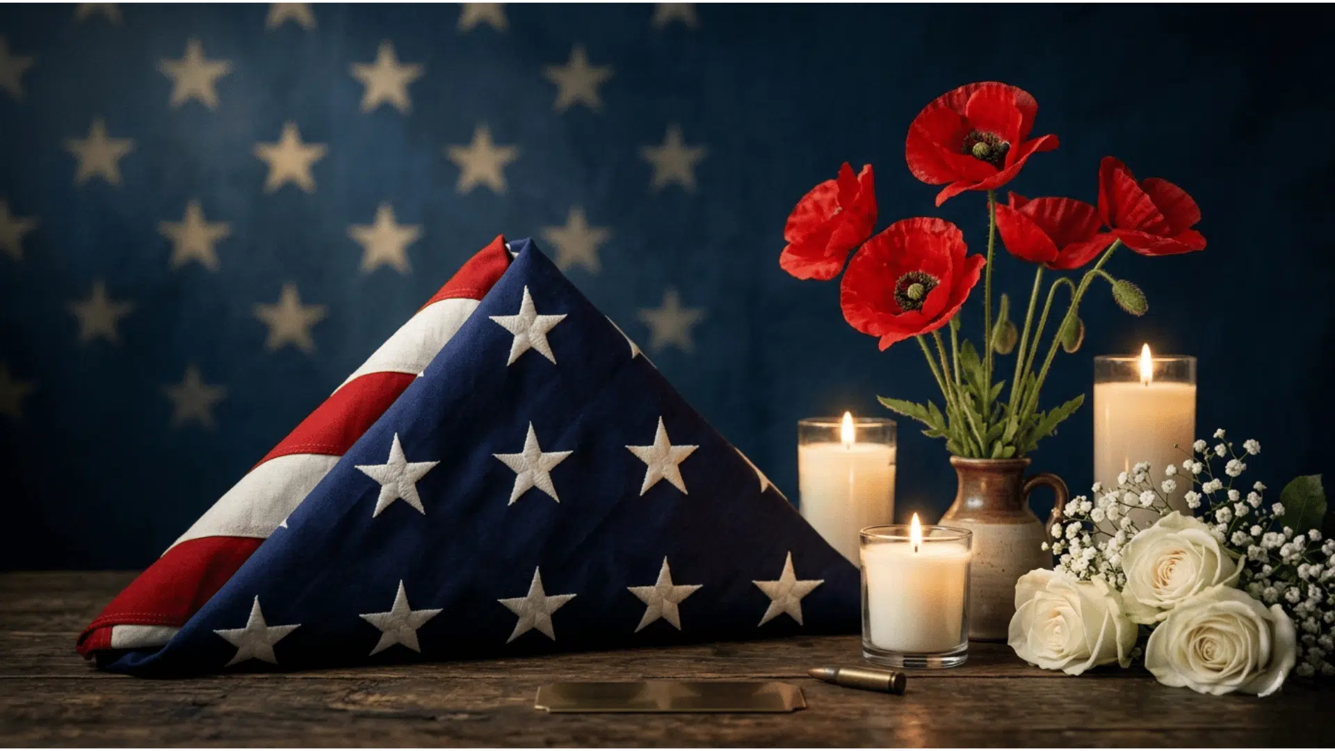 A folded American flag beside red poppies, white roses, and glowing candles against a starry blue backdrop of remembrance.
