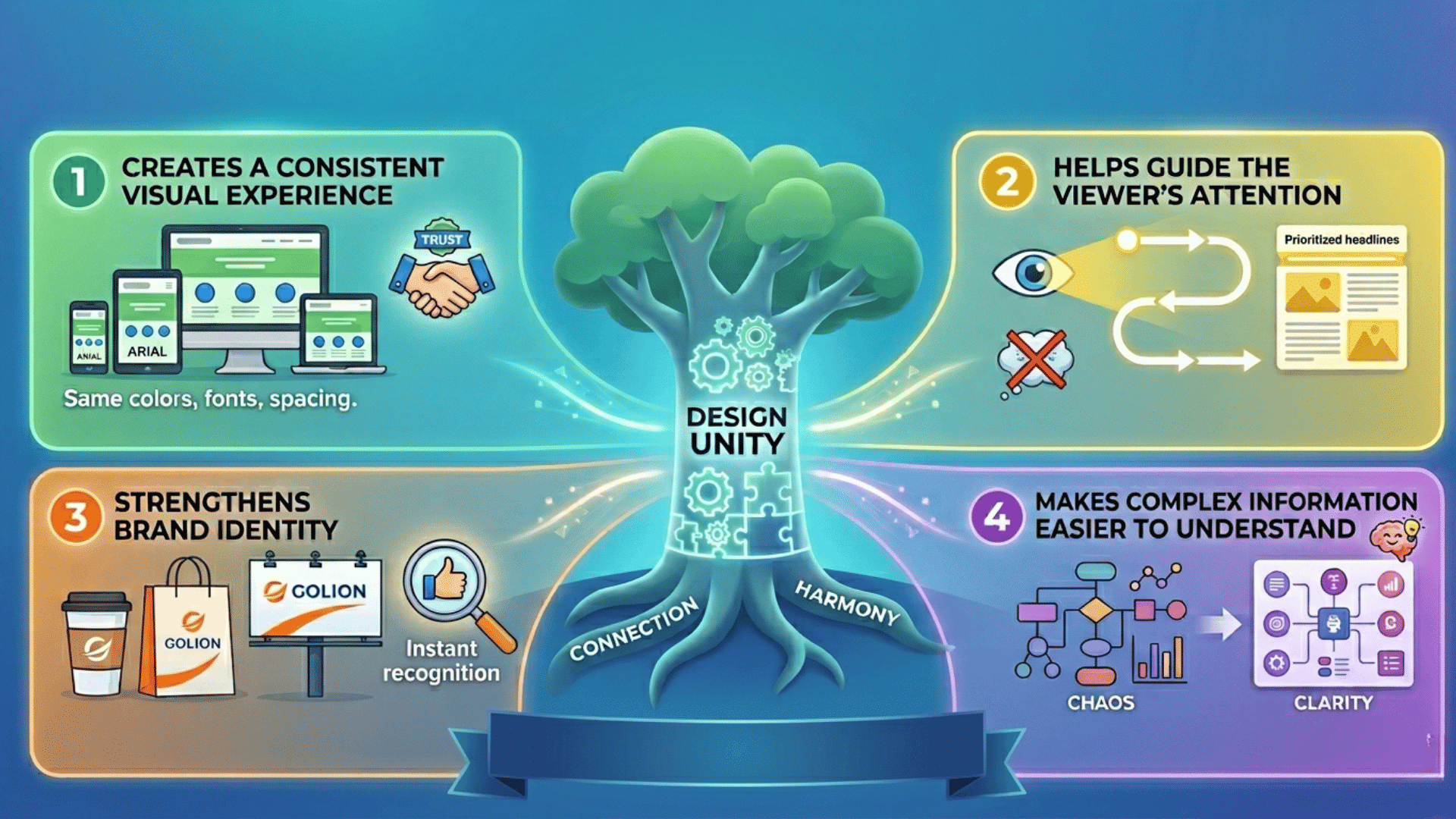 A four-part infographic illustrating design unity a tree centralizes consistency, attention, identity, and complexity.
