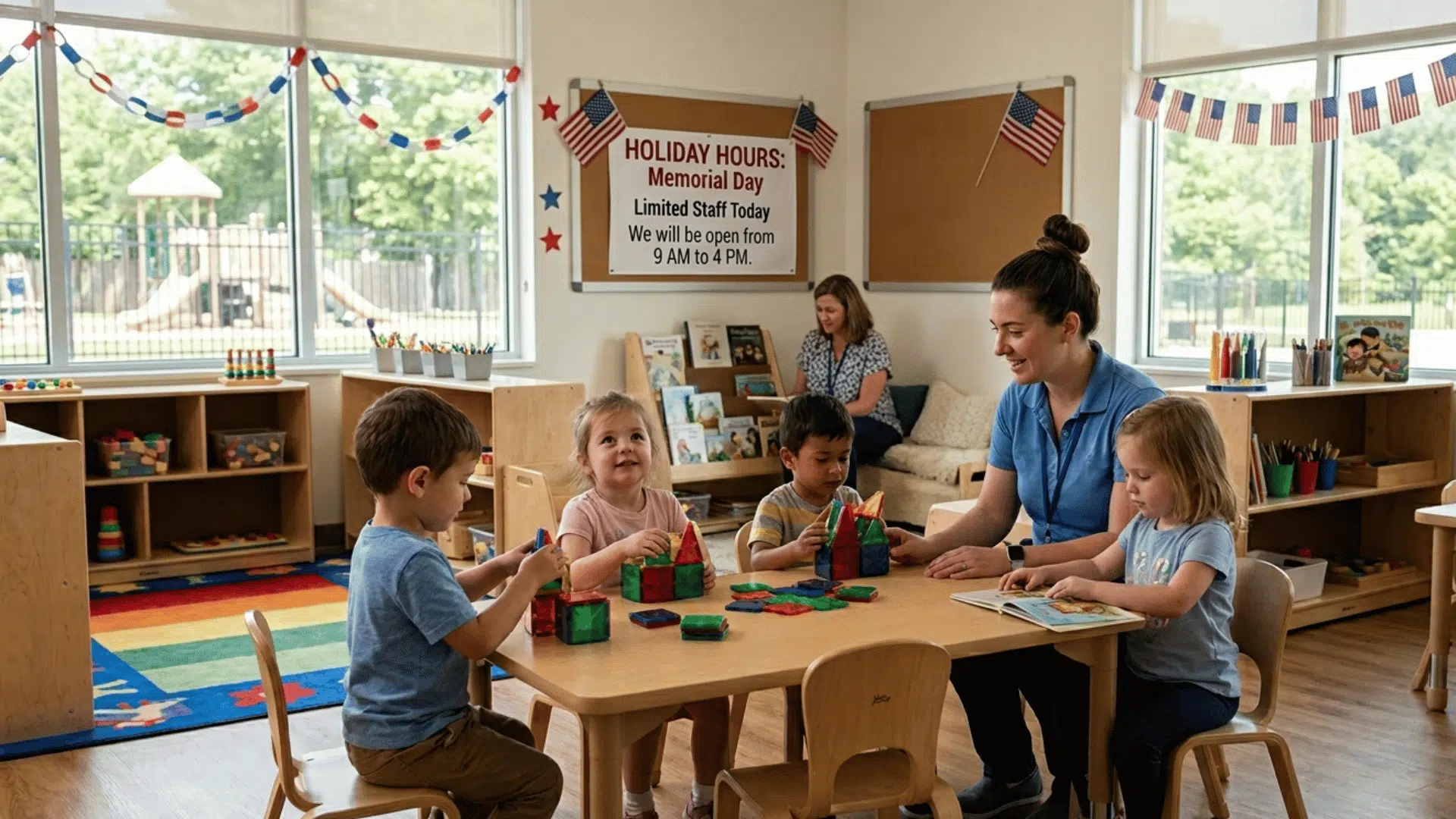 A photo of a classroom on Memorial Day. A teacher reads to a student while three children play with magnetic tiles. A sign states open hours are 9 AM to 4 PM.
