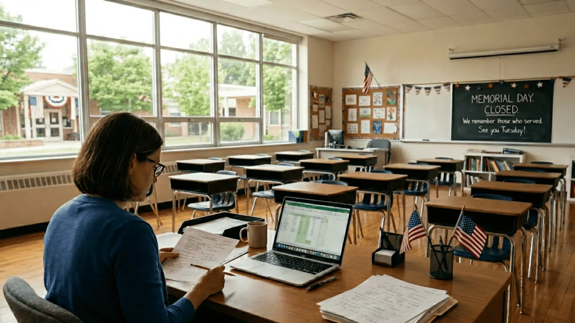 A teacher works in an empty classroom with Memorial Day decor. A blackboard reads Memorial Day. Closed. See you Tuesday!