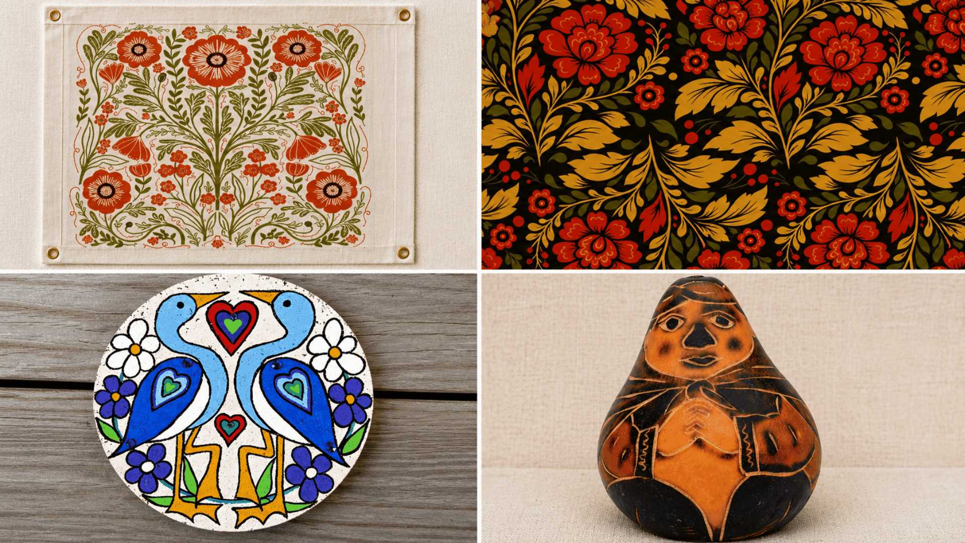 A vibrant folk-art collage featuring floral textiles, painted blue birds with hearts, and a carved rustic figurine in warm tones.