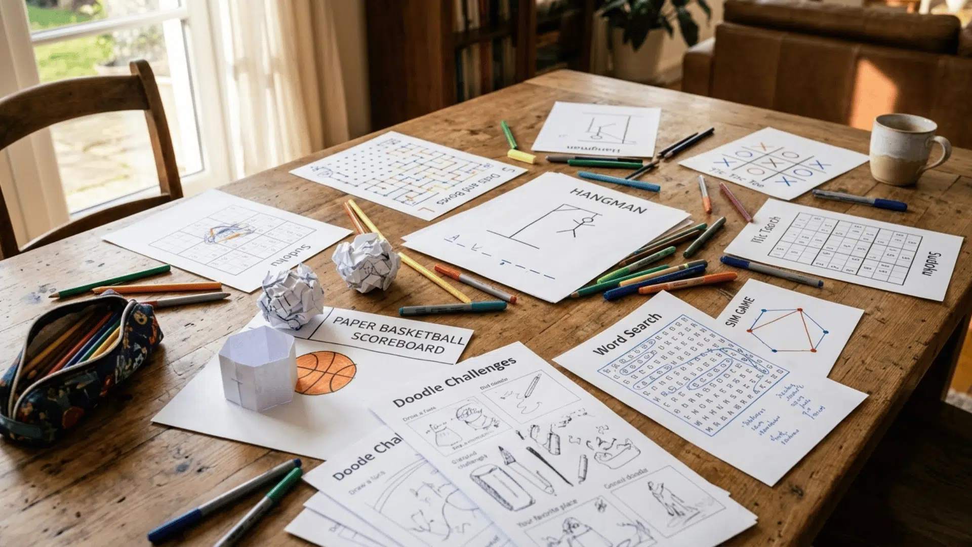 a wooden table filled with different paper games like tic tac toe, sudoku, hangman, sim, and dots and boxes, surrounded by colorful pens, pencils, markers, and scattered game sheets in a cozy indo