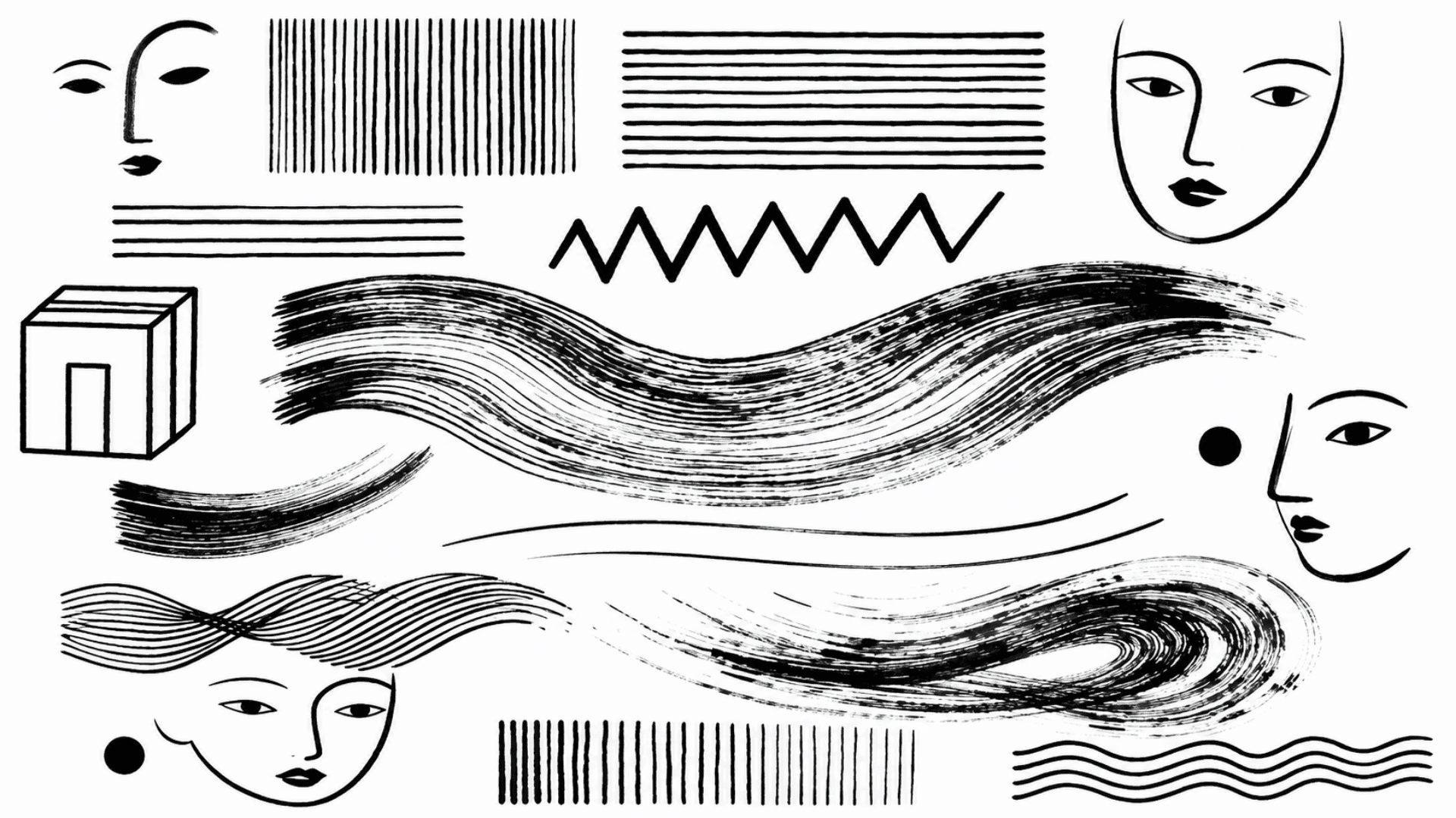 Abstract black-and-white artwork featuring curved, zigzag, horizontal, and vertical lines with minimalist face illustrations.