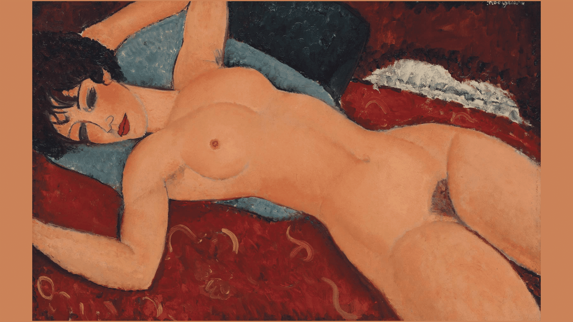 amedeo modigliani painting of a reclining nude figure resting on deep red fabric cushions.