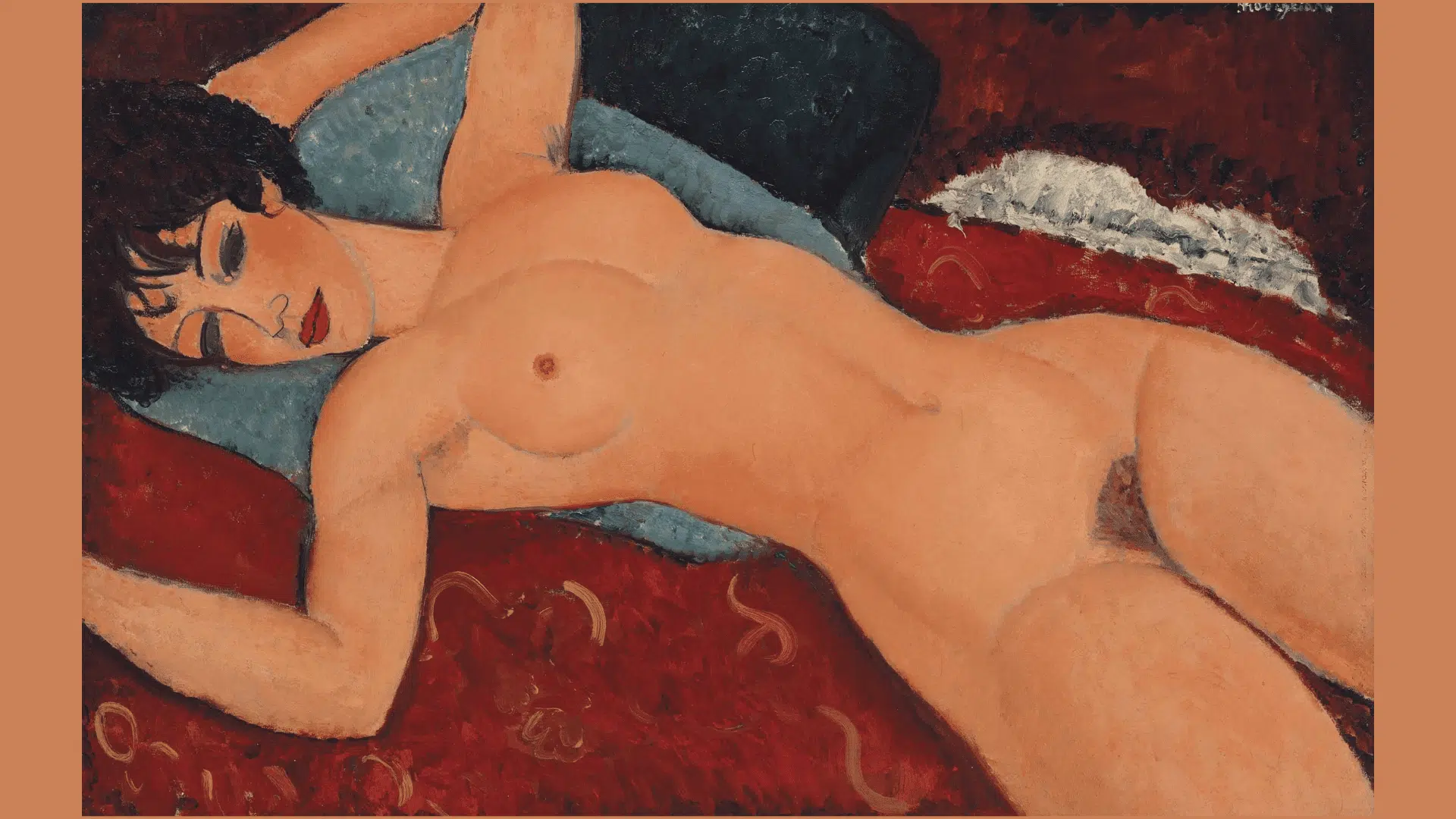 amedeo modigliani painting of a reclining nude figure resting on deep red fabric cushions.
