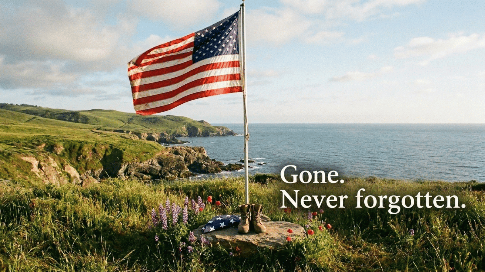 american flag on coastal cliff with boots and folded flag, featuring tribute text “Gone. Never forgotten.” at sunset