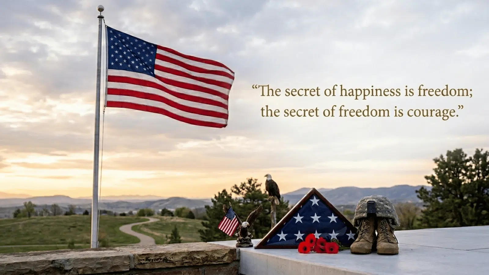 american flag waving beside memorial display with boots and folded flag, paired with quote about freedom and courage at sunset