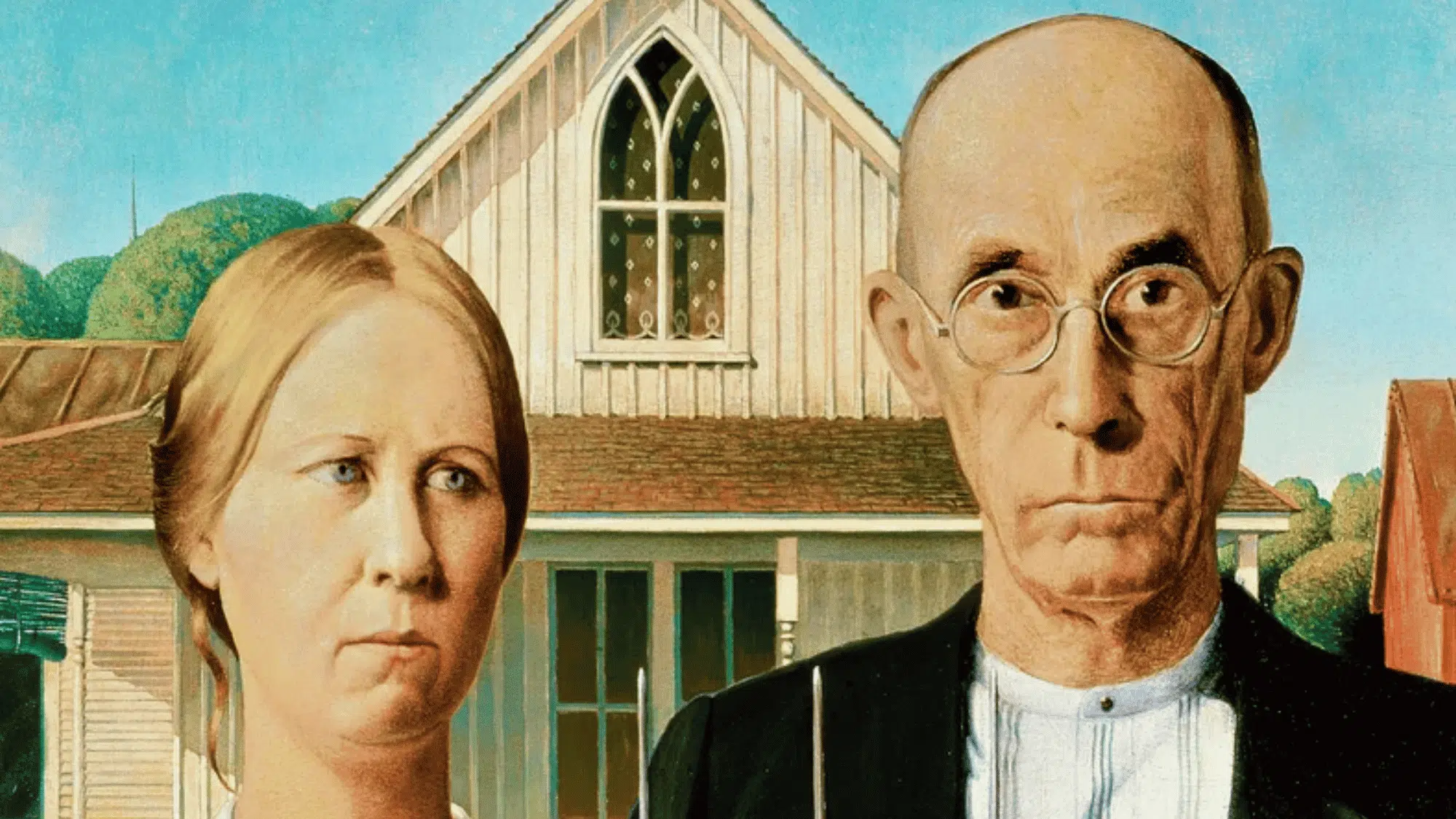 american gothic painting showing farmer and woman standing in front of house in balanced composition