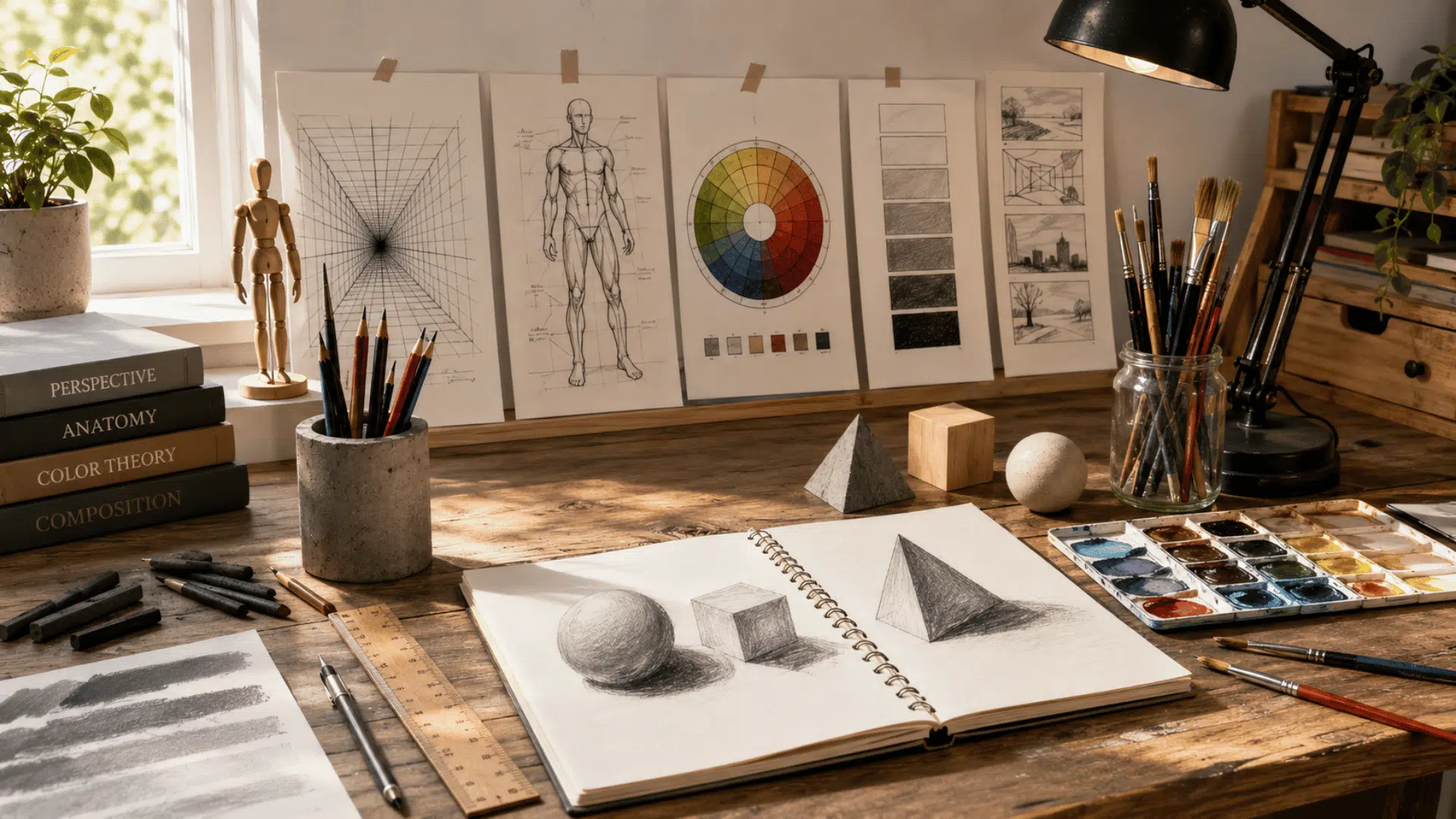 Art fundamentals workspace with anatomy sketches, perspective studies, color theory charts, and drawing tools in warm light.