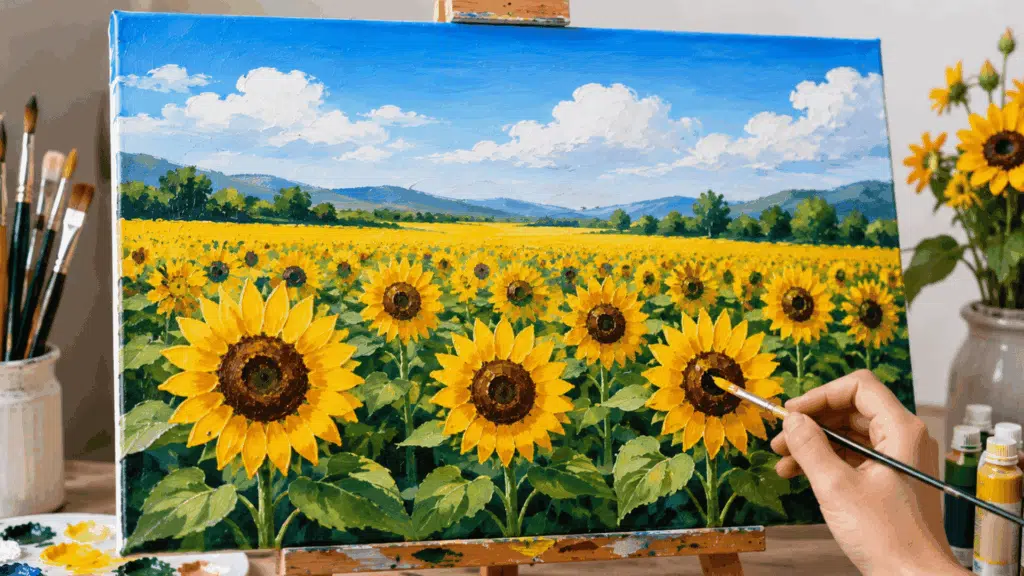 Artist painting a bright sunflower field on canvas with yellow flowers, green stems, and blue sky in a studio setting.