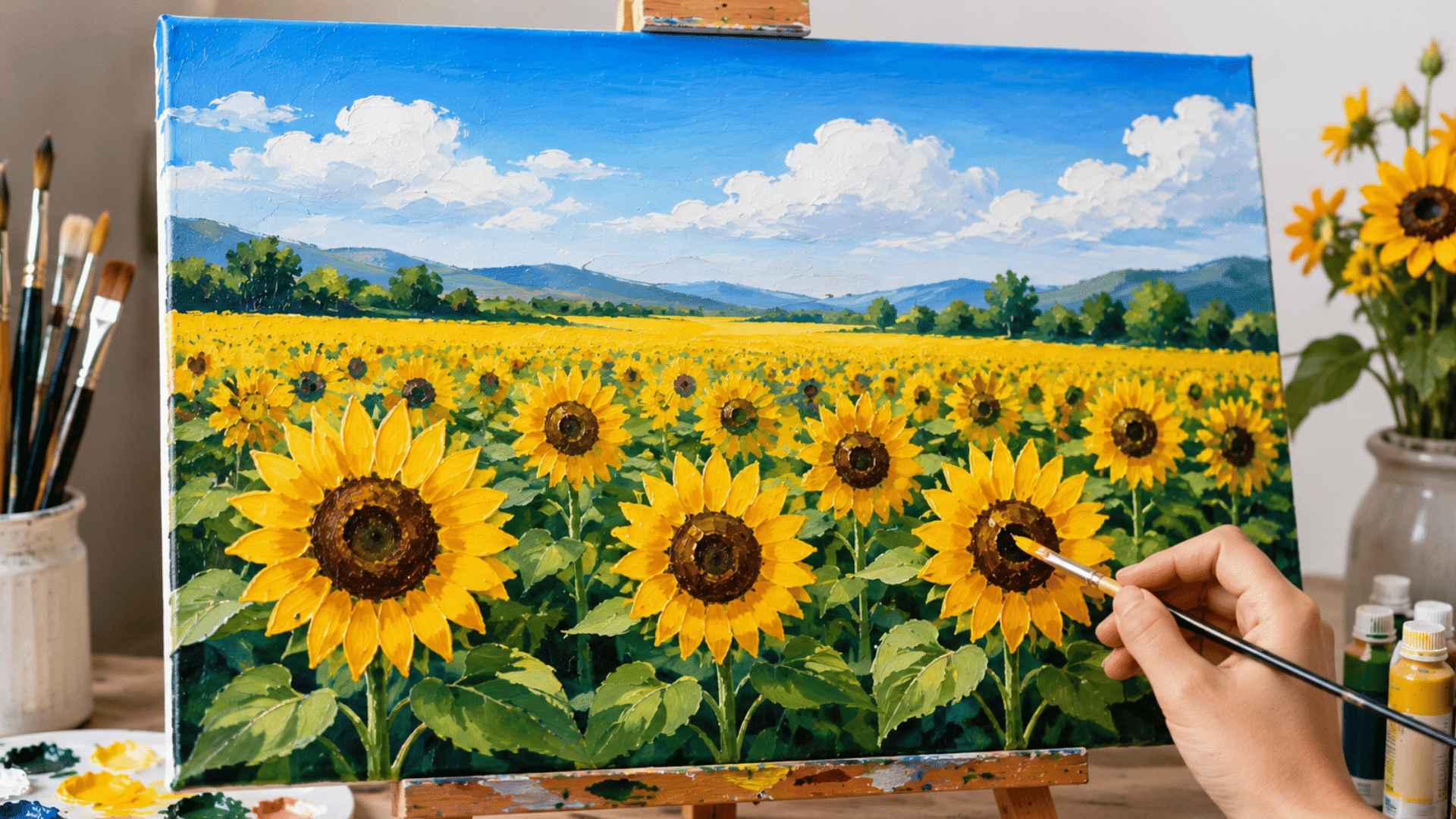 Artist painting a bright sunflower field on canvas with yellow flowers, green stems, and blue sky in a studio setting.