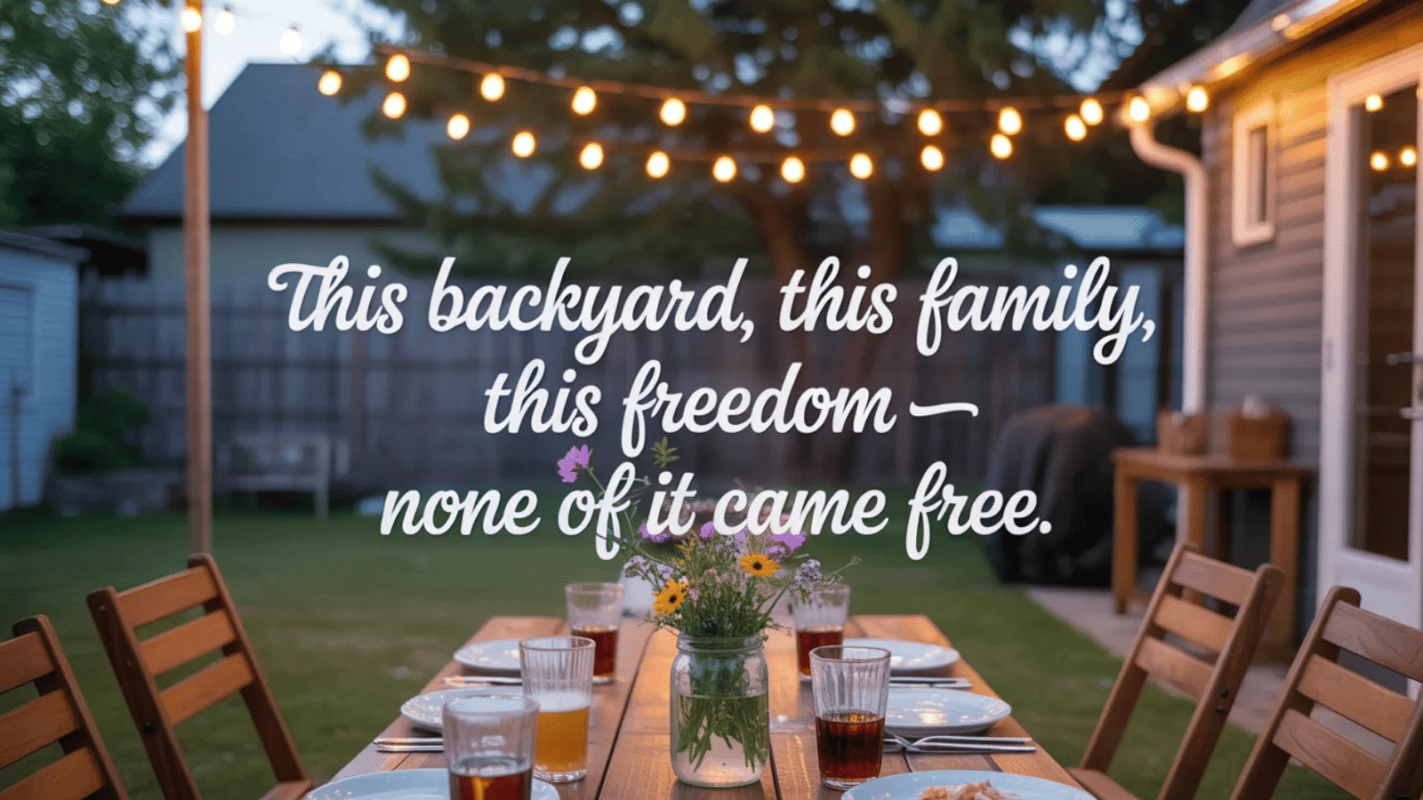backyard Memorial Day dinner setup with string lights, table setting, and message about family, freedom, and gratitude