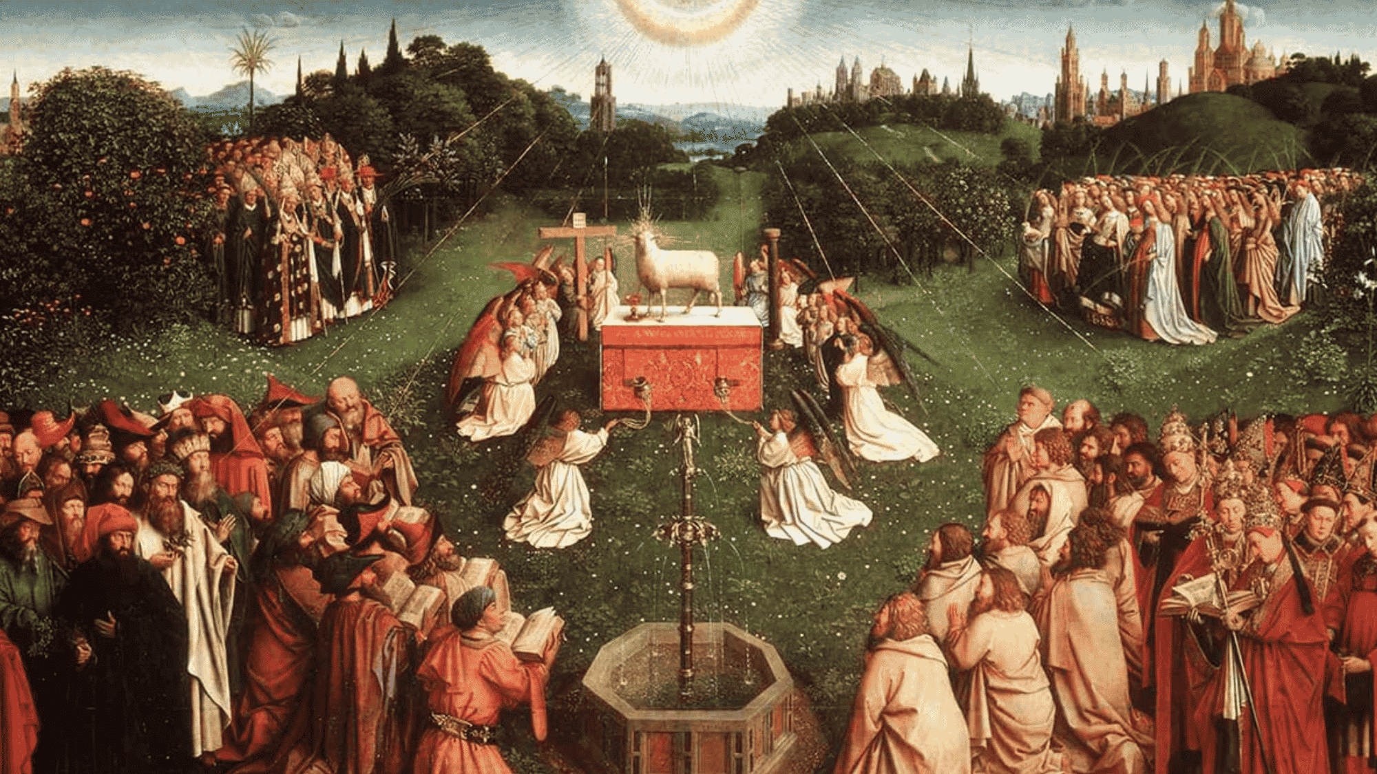 balanced religious painting with symmetrical composition, central altar, figures arranged evenly on both sides