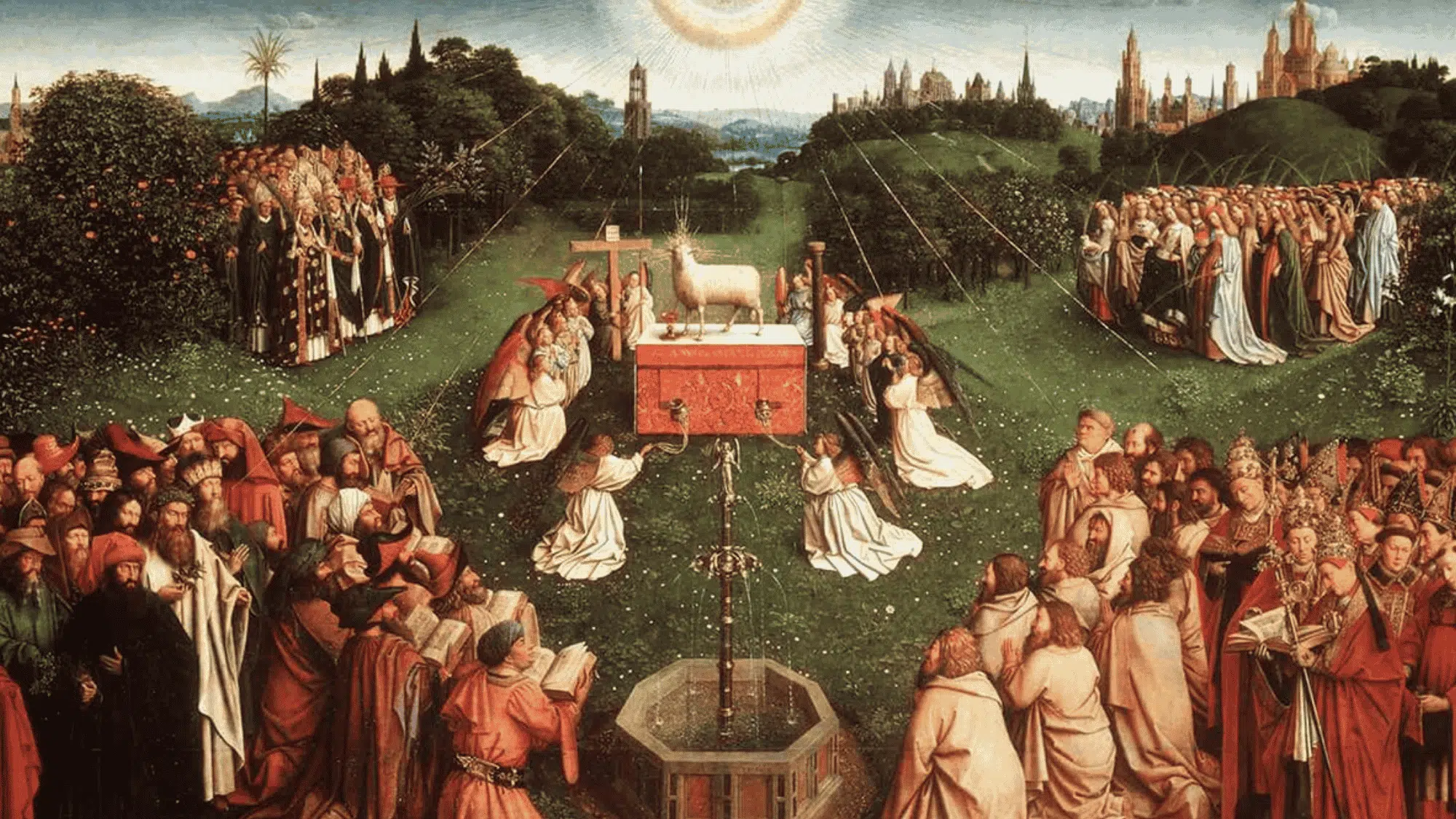 balanced religious painting with symmetrical composition, central altar, figures arranged evenly on both sides