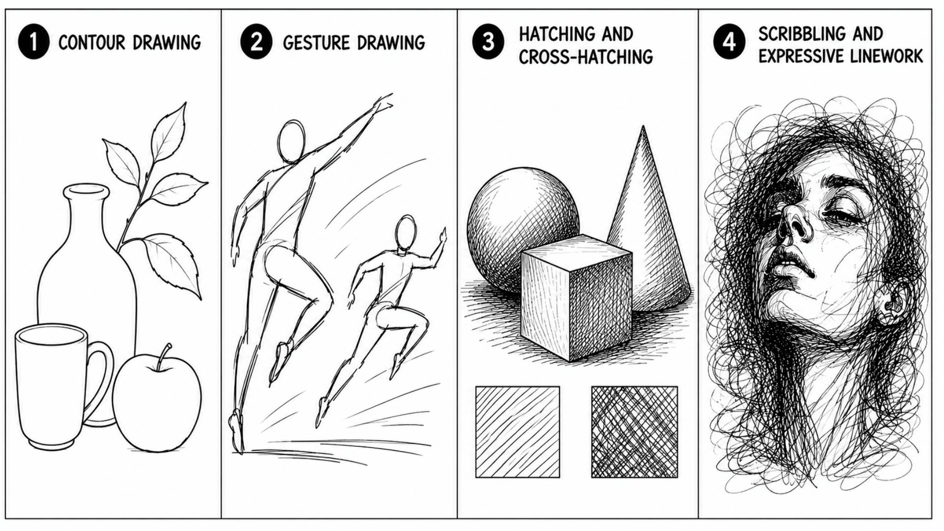 Black-and-white infographic showing contour, gesture, hatching, and expressive line drawing techniques in four panels.