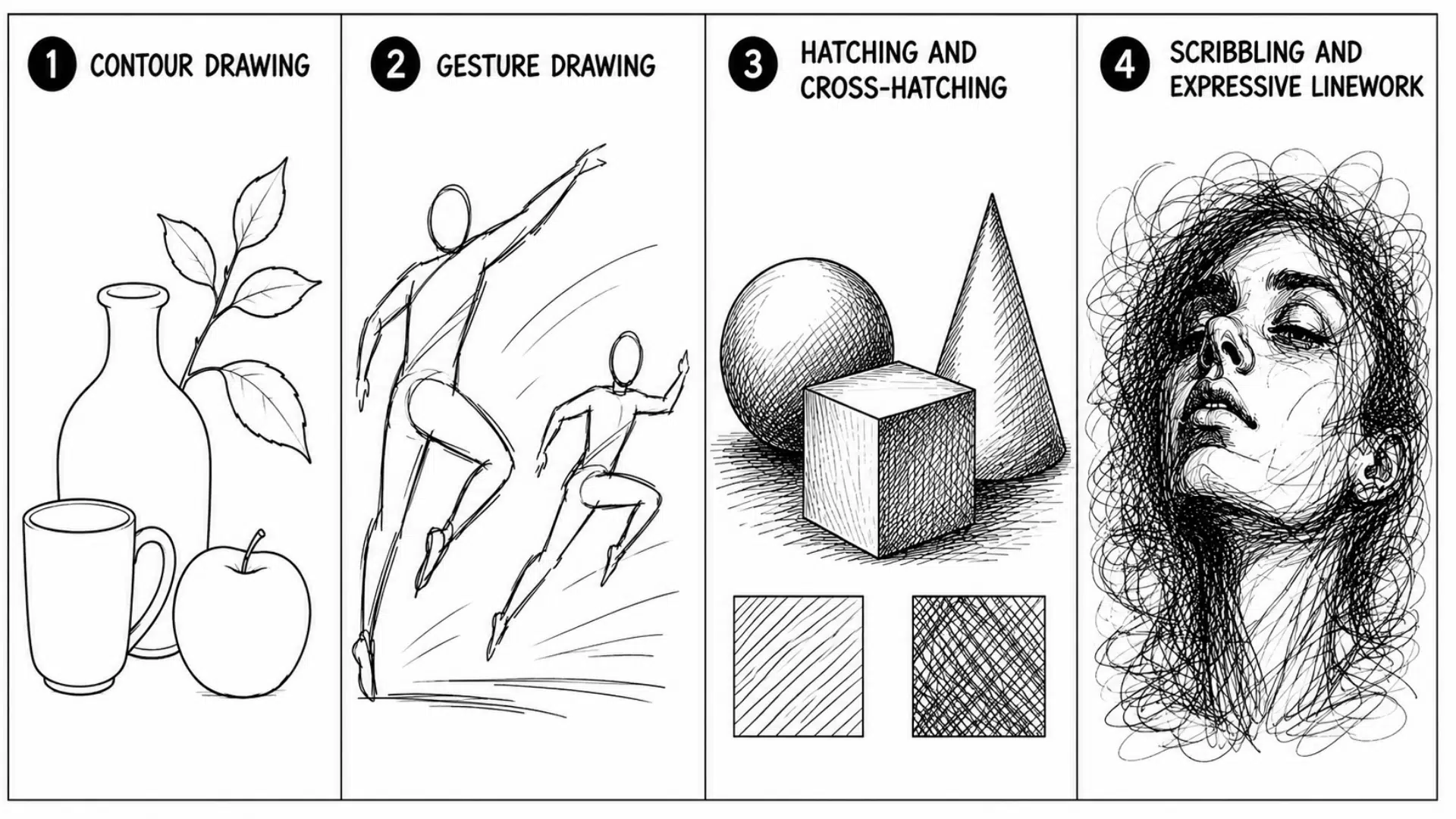 Black-and-white infographic showing contour, gesture, hatching, and expressive line drawing techniques in four panels.