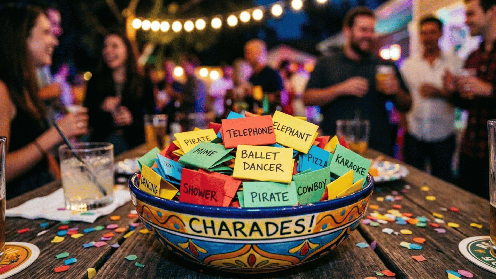 Bowl filled with folded charades paper slips placed on a party table setup.
