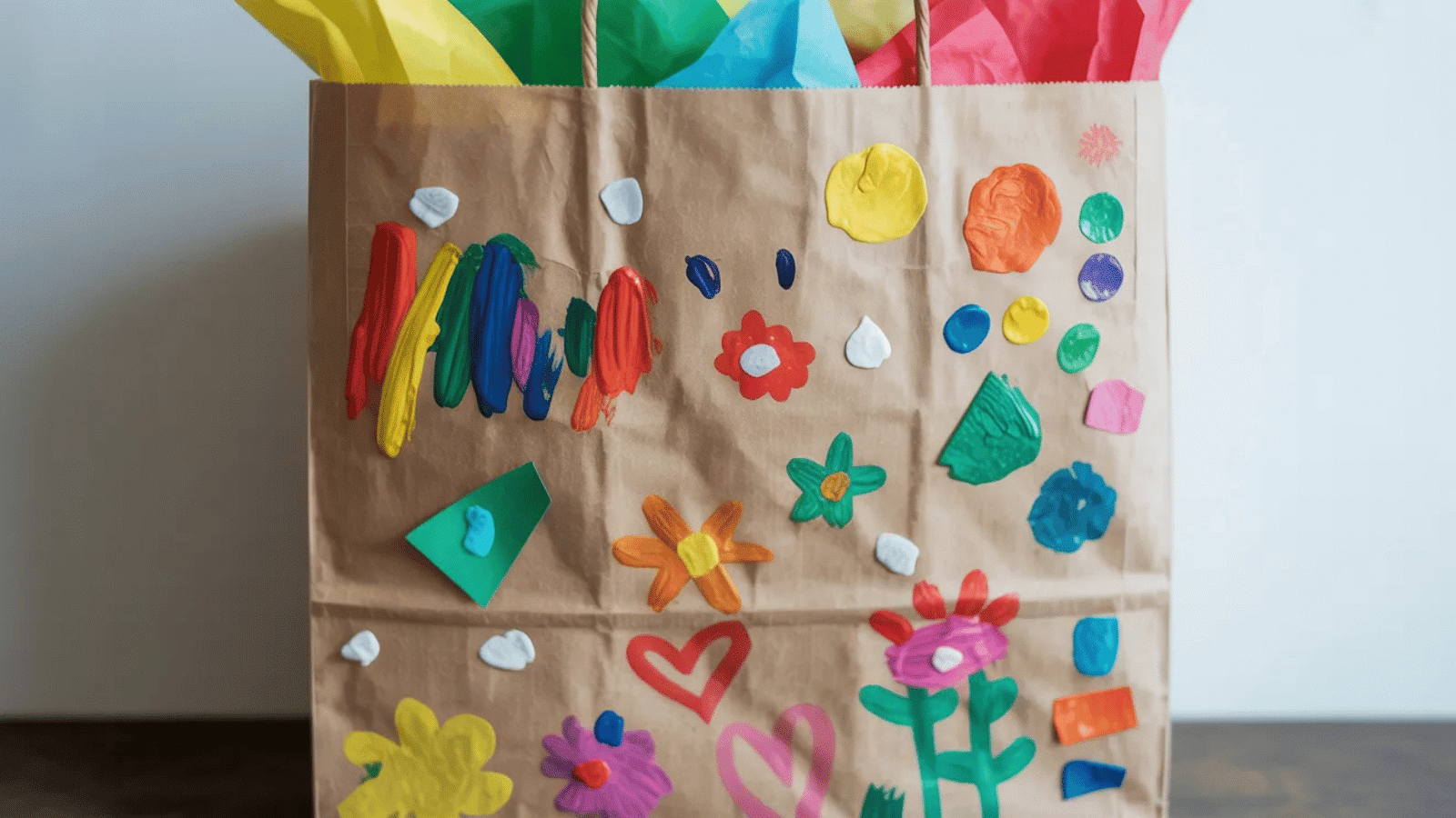 brown paper gift bag decorated with bright paint and shapes, a fun and simple handmade craft idea for kids and gifting