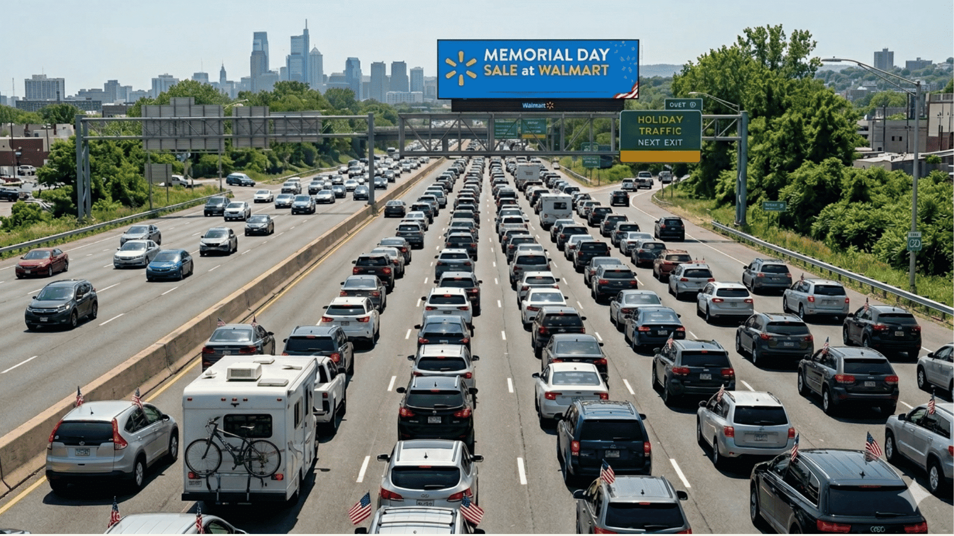 Busy Memorial Day highway traffic with a Walmart sale billboard, skyline view, and a single bike on a camper's rack.